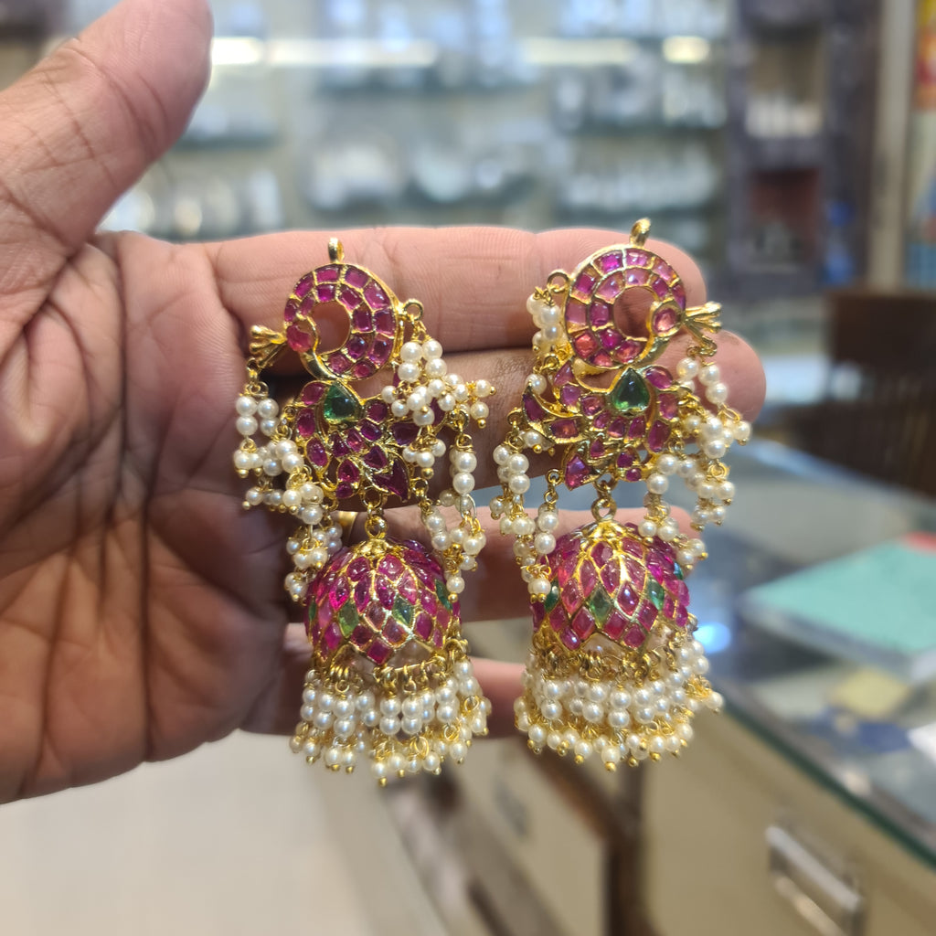 Peacock Kundan Jhumka Earrings with Pearl Drops | Temple Jewellery