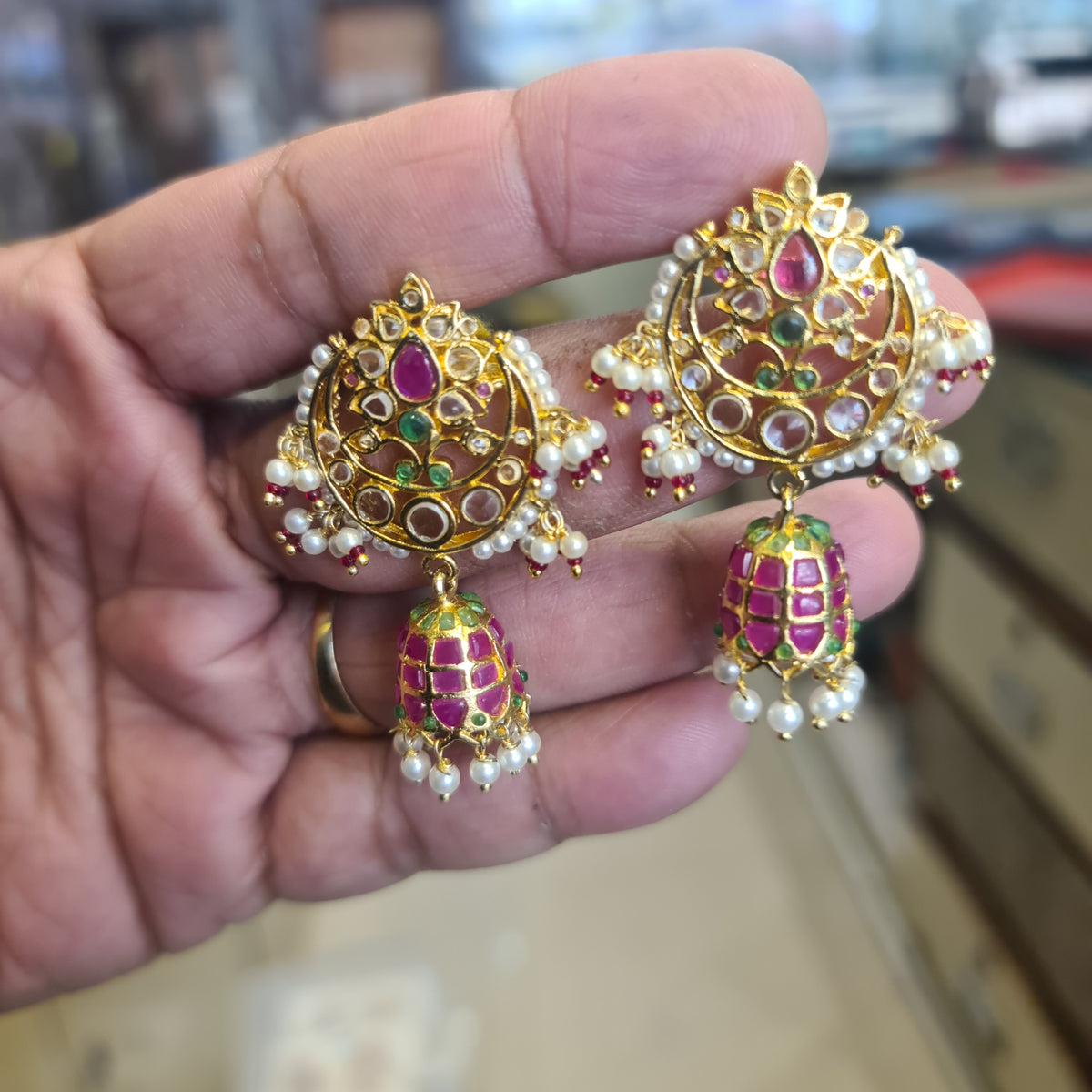 Polki Kundan Chandbali Jhumka with Screw Back | Ruby, Emerald & Pearl