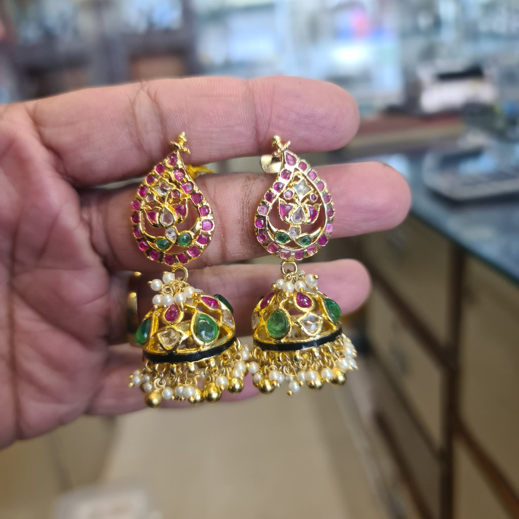 Polki Kundan Jhumka with Ruby Teardrop Top & Pearl Drops | Screw Back