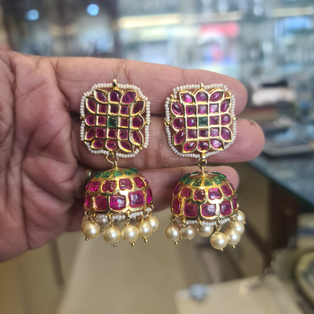 Square Kundan Jhumka | Ruby Grid Top, Baroque Pearl Drops | Screw Back