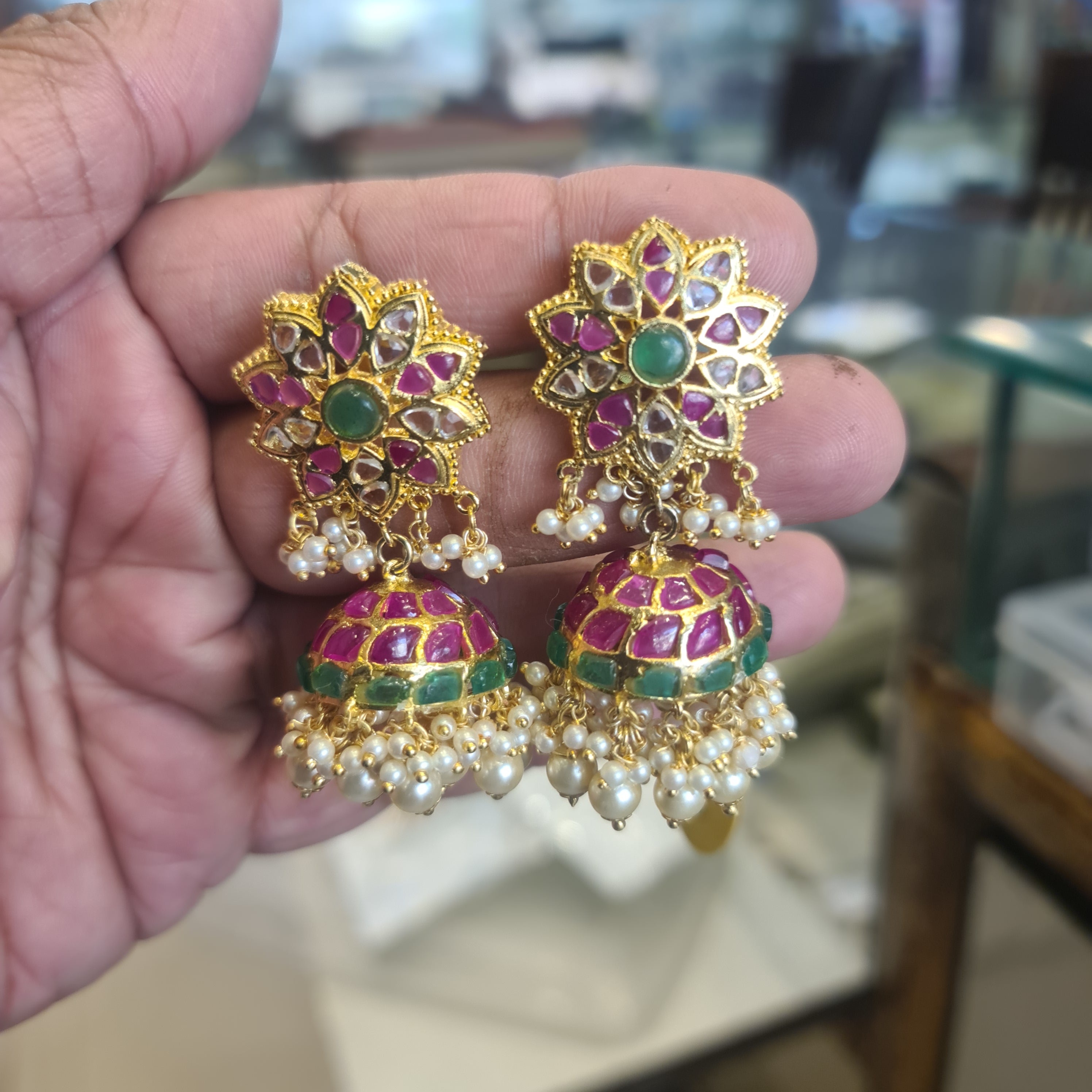 Star Flower Emerald Kundan Jhumka | Ruby Petal Top, Pearl Drops | Screw Back