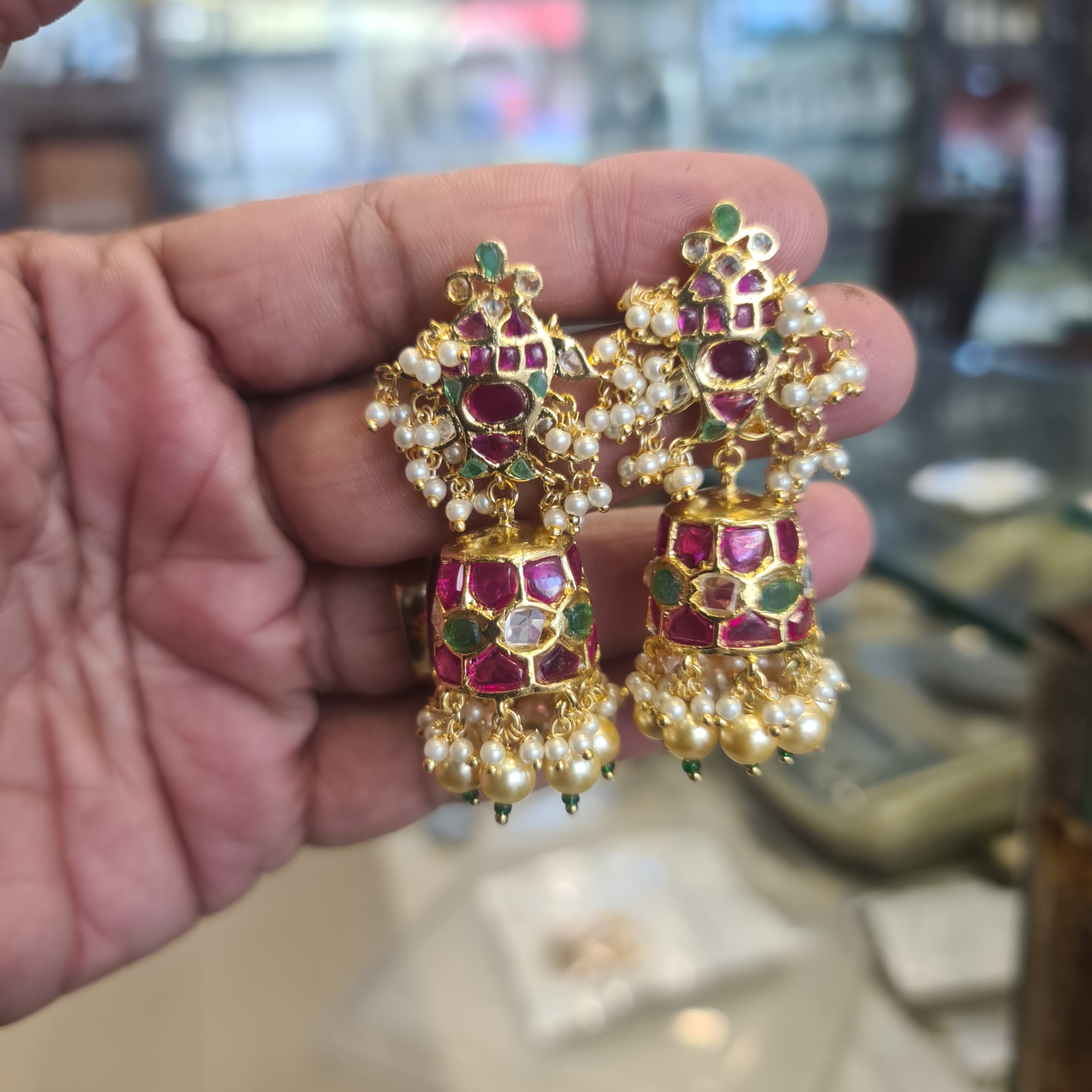 Polki Kundan Chandelier Jhumka | Ruby Emerald Cross Top, Pearl Drops | Screw Back