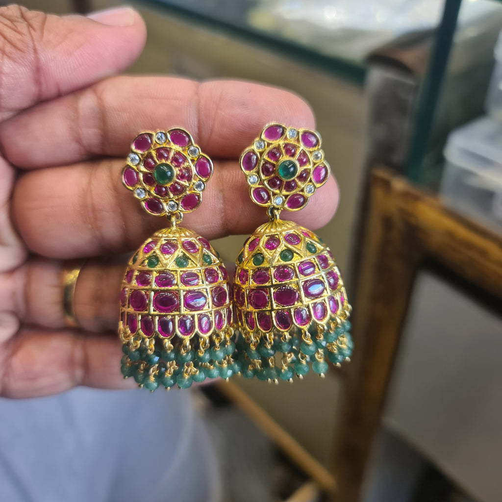 Emerald Kempu Jhumka | Ruby Floral Top, Large Dome Bell | Screw Back