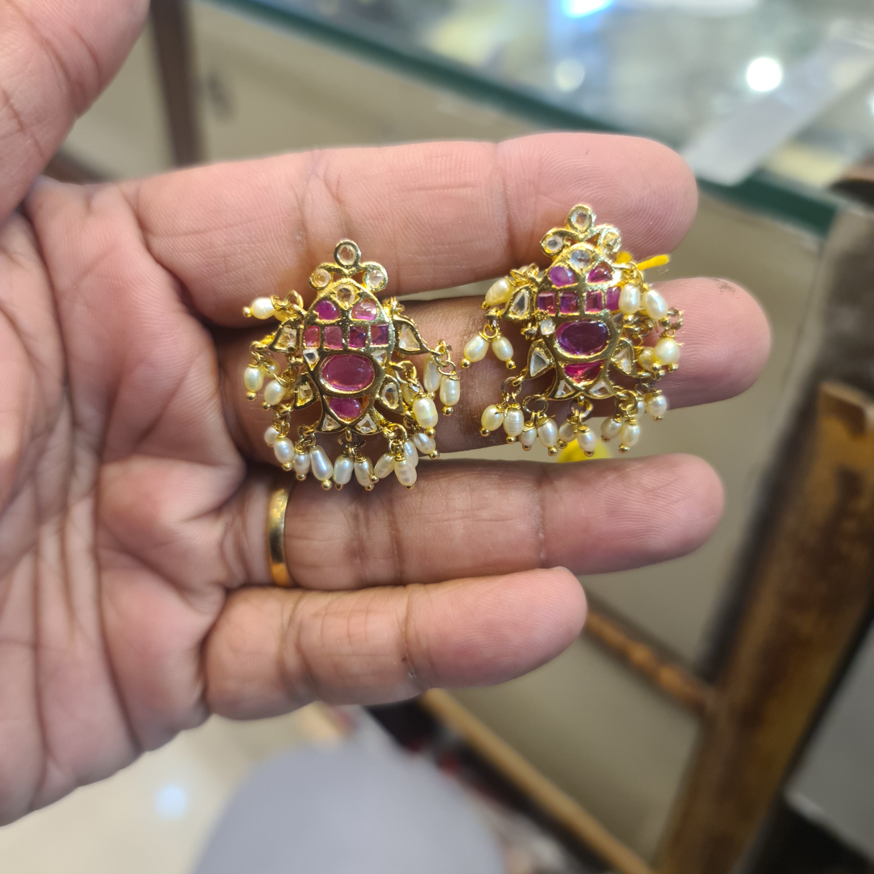 Handmade Kempu Fish Studs | Polki Diamond, Ruby Kempu, Pearl Drops | Screw Back