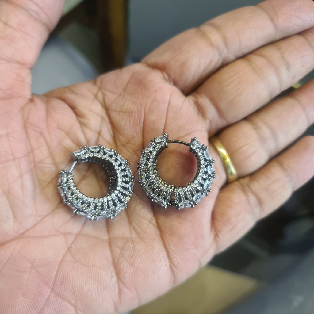 Victorian Bali Hoop Earrings | Black Rhodium Finish | Ruby & White CZ