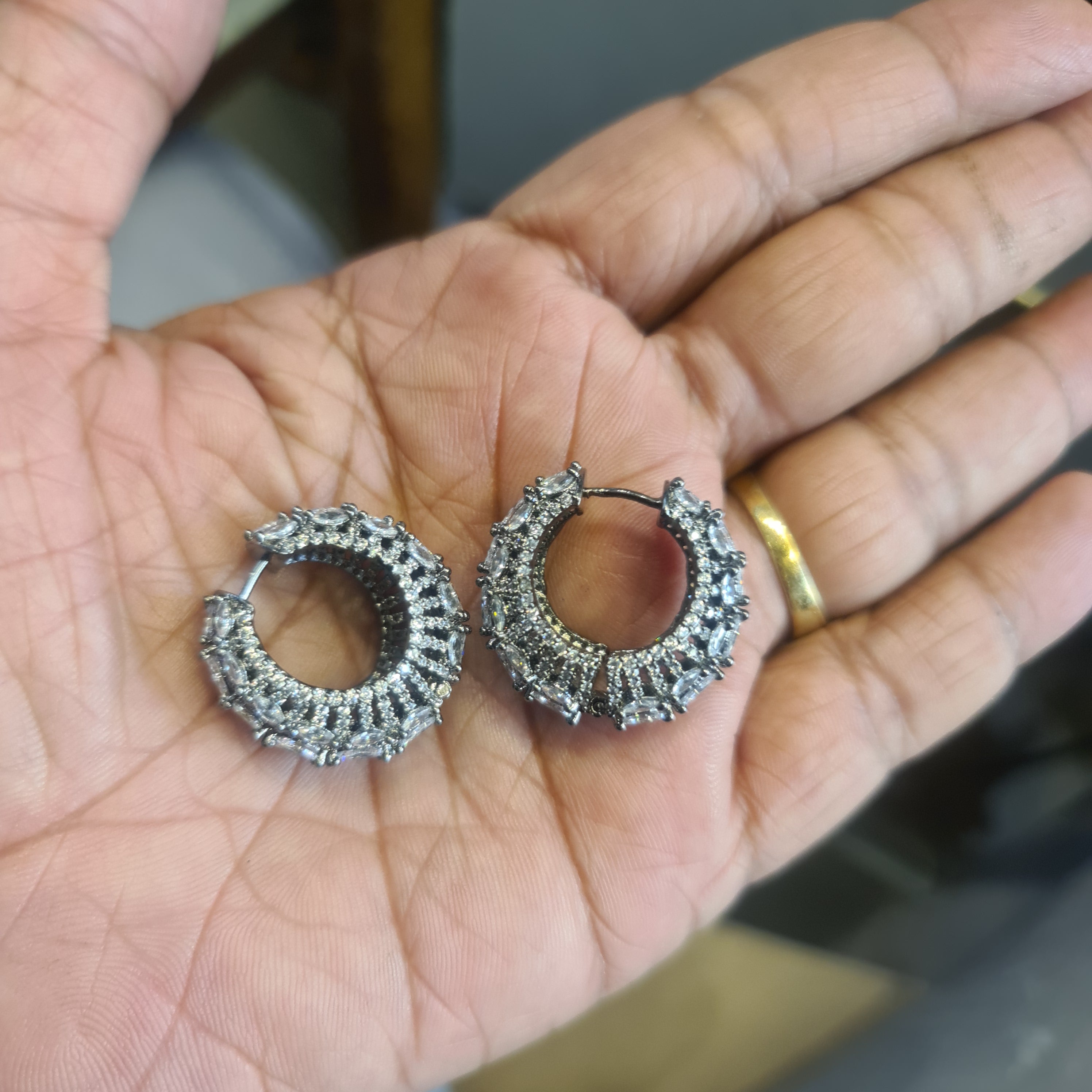Victorian Bali Hoop Earrings | Black Rhodium Finish | Ruby & White CZ