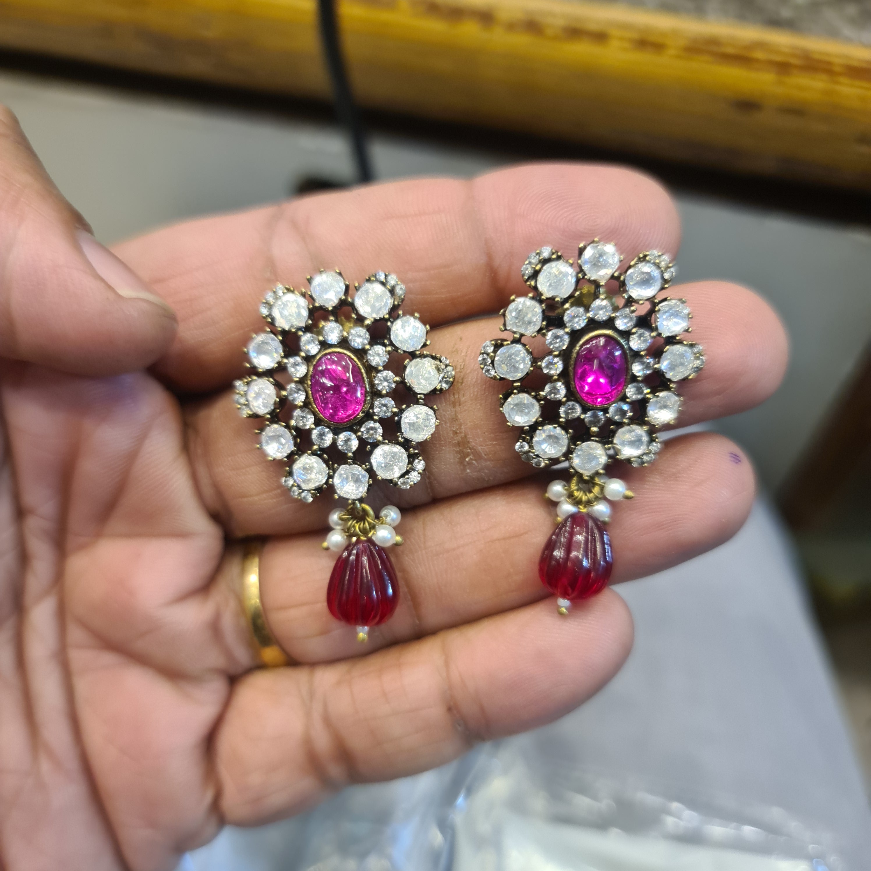 Victorian Polki Flower Stud Earrings | Uncut CZ & Pearl Drop | Blue, White, Pink & Ruby