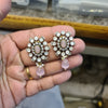 Victorian Polki Flower Stud Earrings | Uncut CZ & Pearl Drop | Blue, White, Pink & Ruby