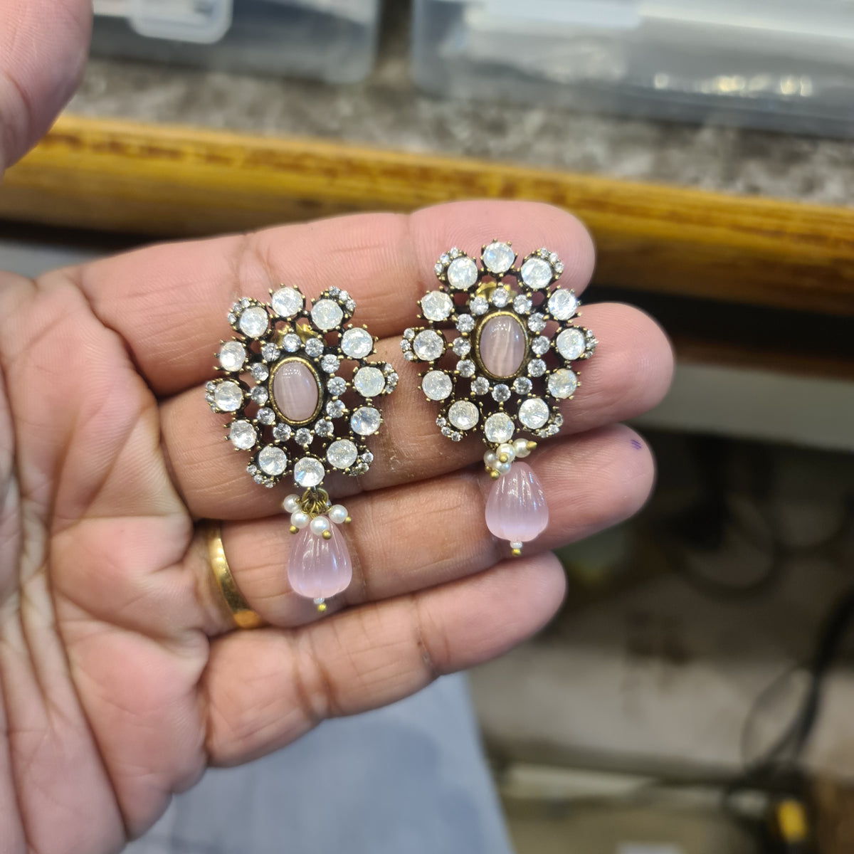 Victorian Polki Flower Stud Earrings | Uncut CZ & Pearl Drop | Blue, White, Pink & Ruby