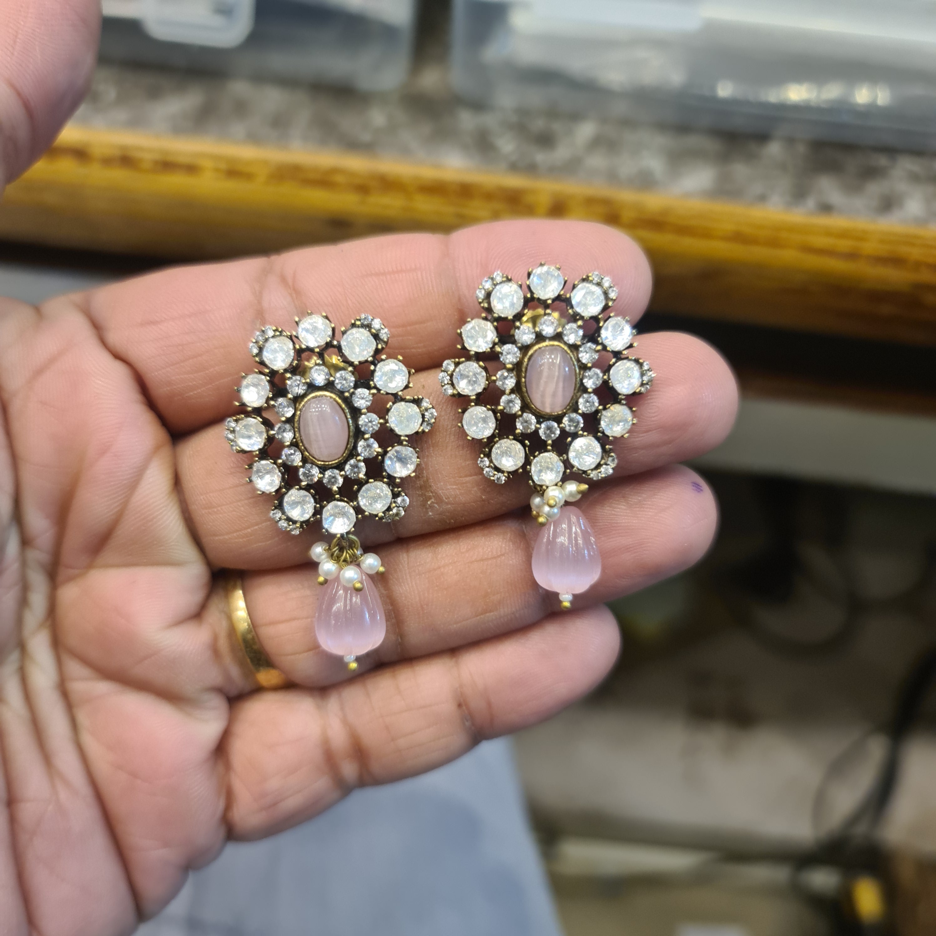 Victorian Polki Flower Stud Earrings | Uncut CZ & Pearl Drop | Blue, White, Pink & Ruby
