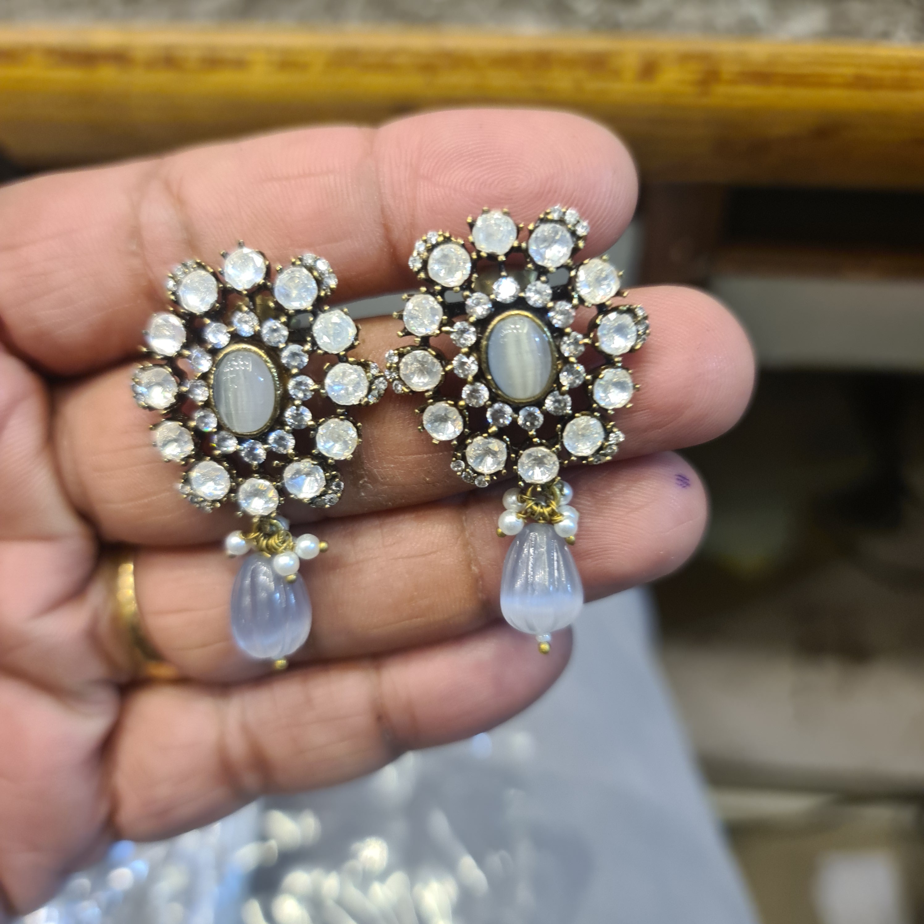 Victorian Polki Flower Stud Earrings | Uncut CZ & Pearl Drop | Blue, White, Pink & Ruby