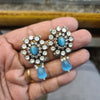 Victorian Polki Flower Stud Earrings | Uncut CZ & Pearl Drop | Blue, White, Pink & Ruby