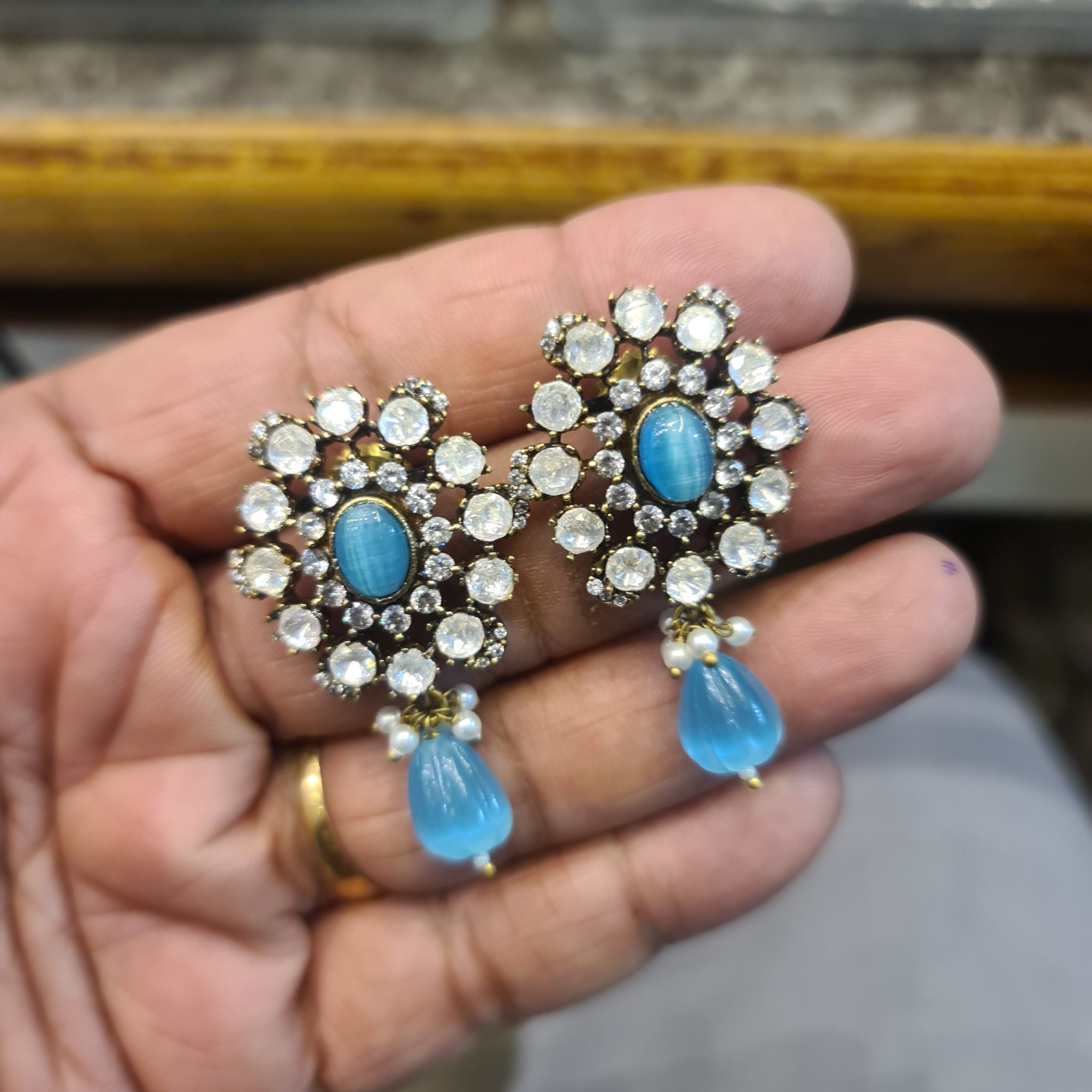 Victorian Polki Flower Stud Earrings | Uncut CZ & Pearl Drop | Blue, White, Pink & Ruby