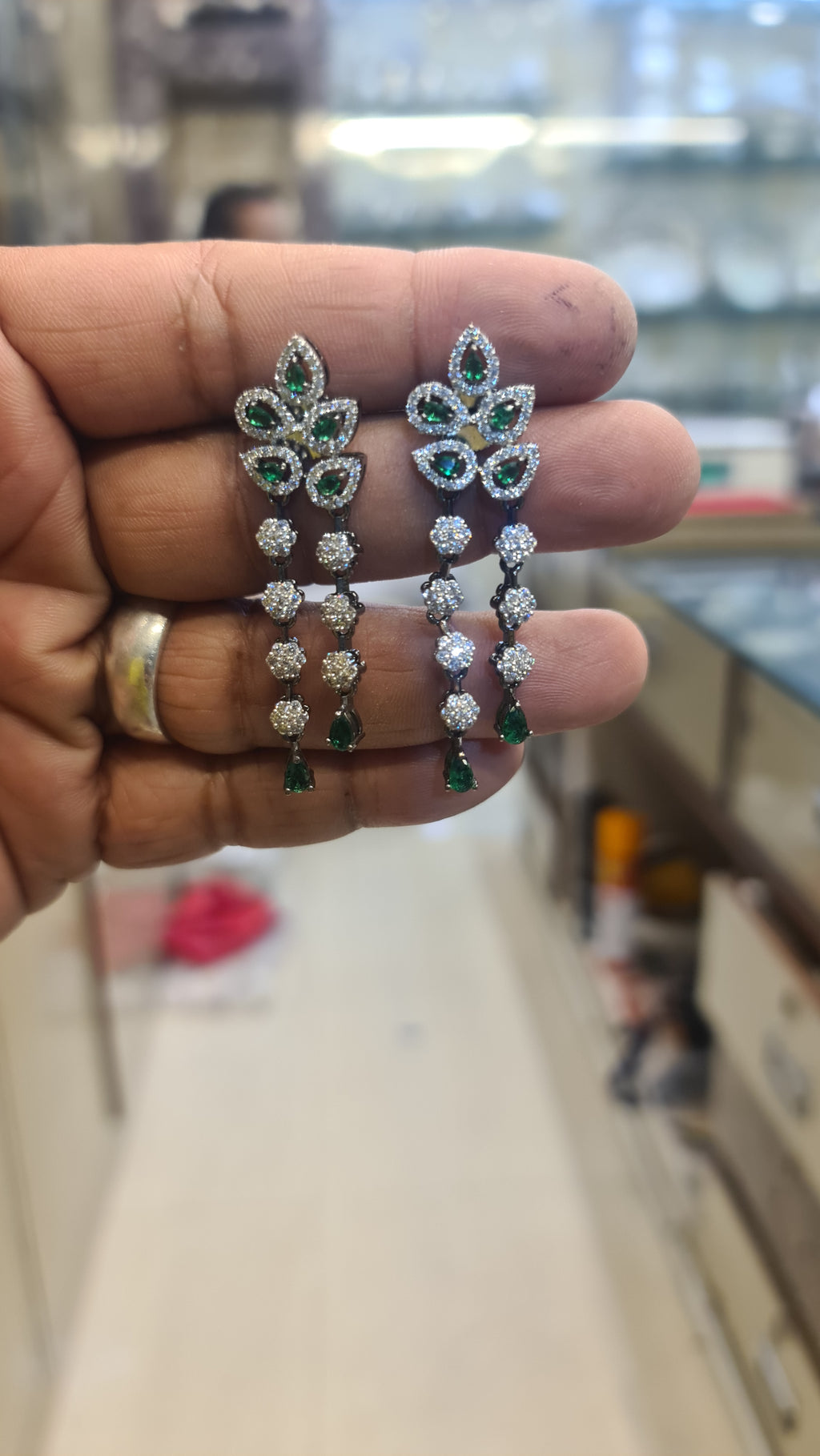 Victorian CZ Chandelier Drop Earrings with Colour Stones | Oxidised Silver