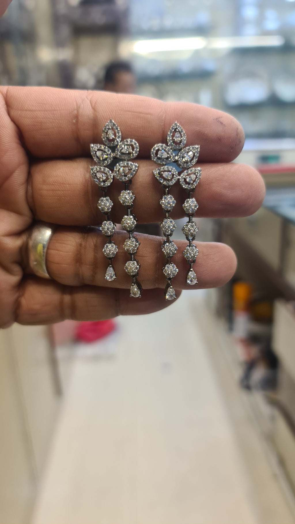 Victorian CZ Chandelier Drop Earrings with Colour Stones | Oxidised Silver
