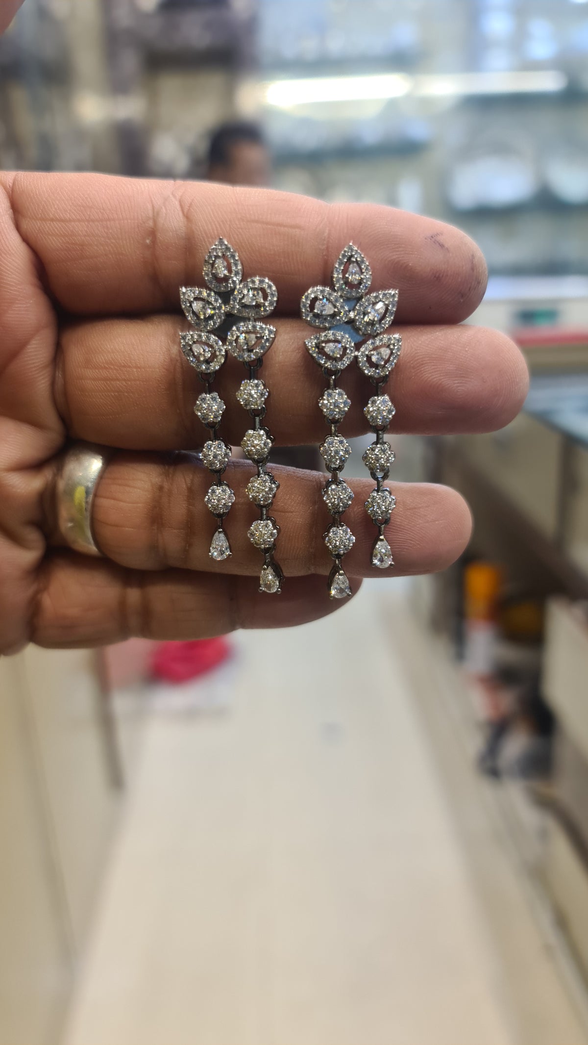 Victorian CZ Chandelier Drop Earrings with Colour Stones | Oxidised Silver