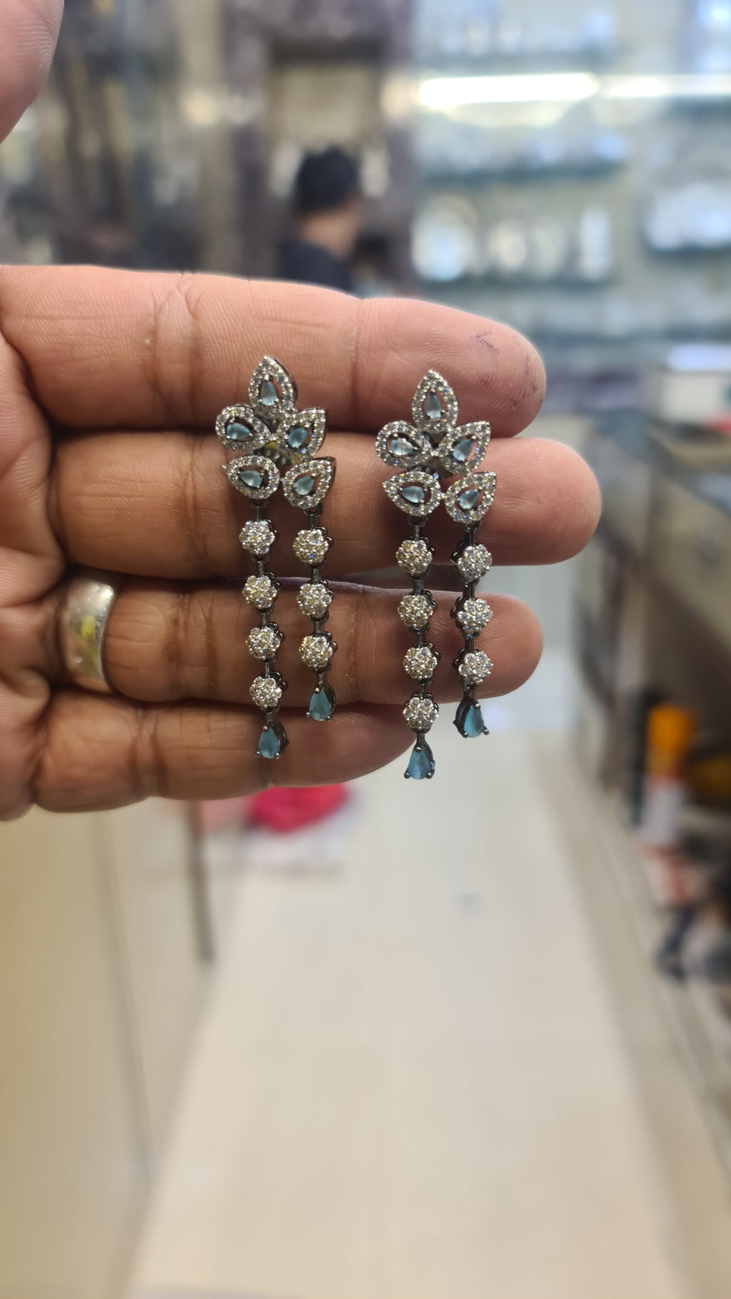 Victorian CZ Chandelier Drop Earrings with Colour Stones | Oxidised Silver