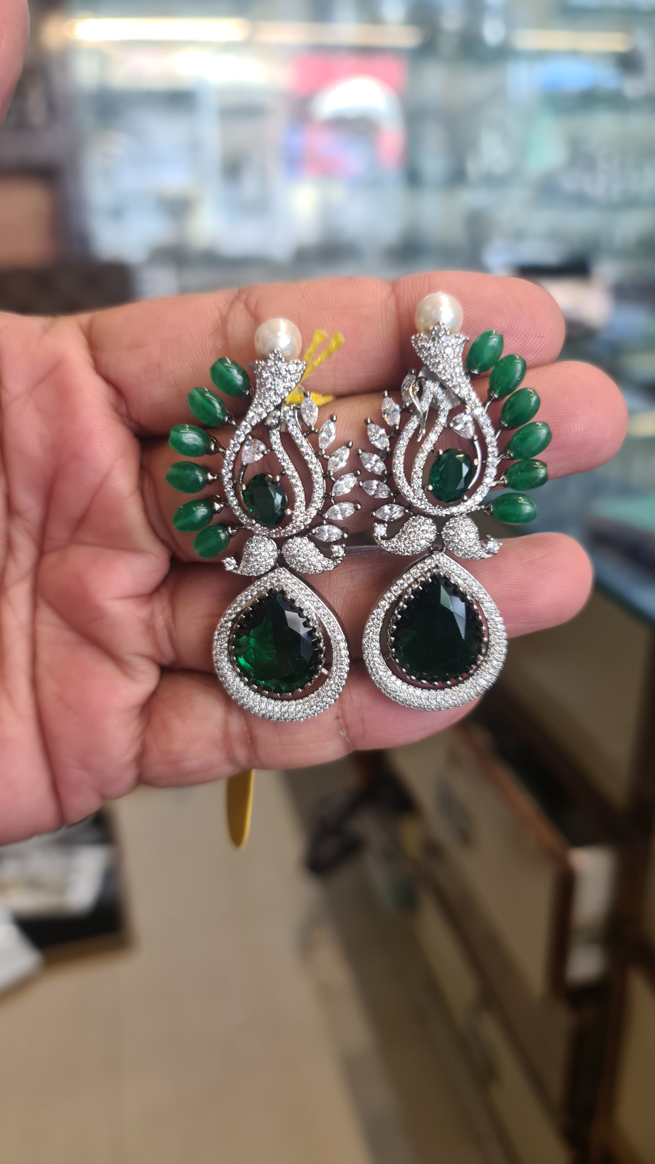 Victorian CZ Pearl Top Drop Earrings | Emerald Green & Ruby Pink | 7cm