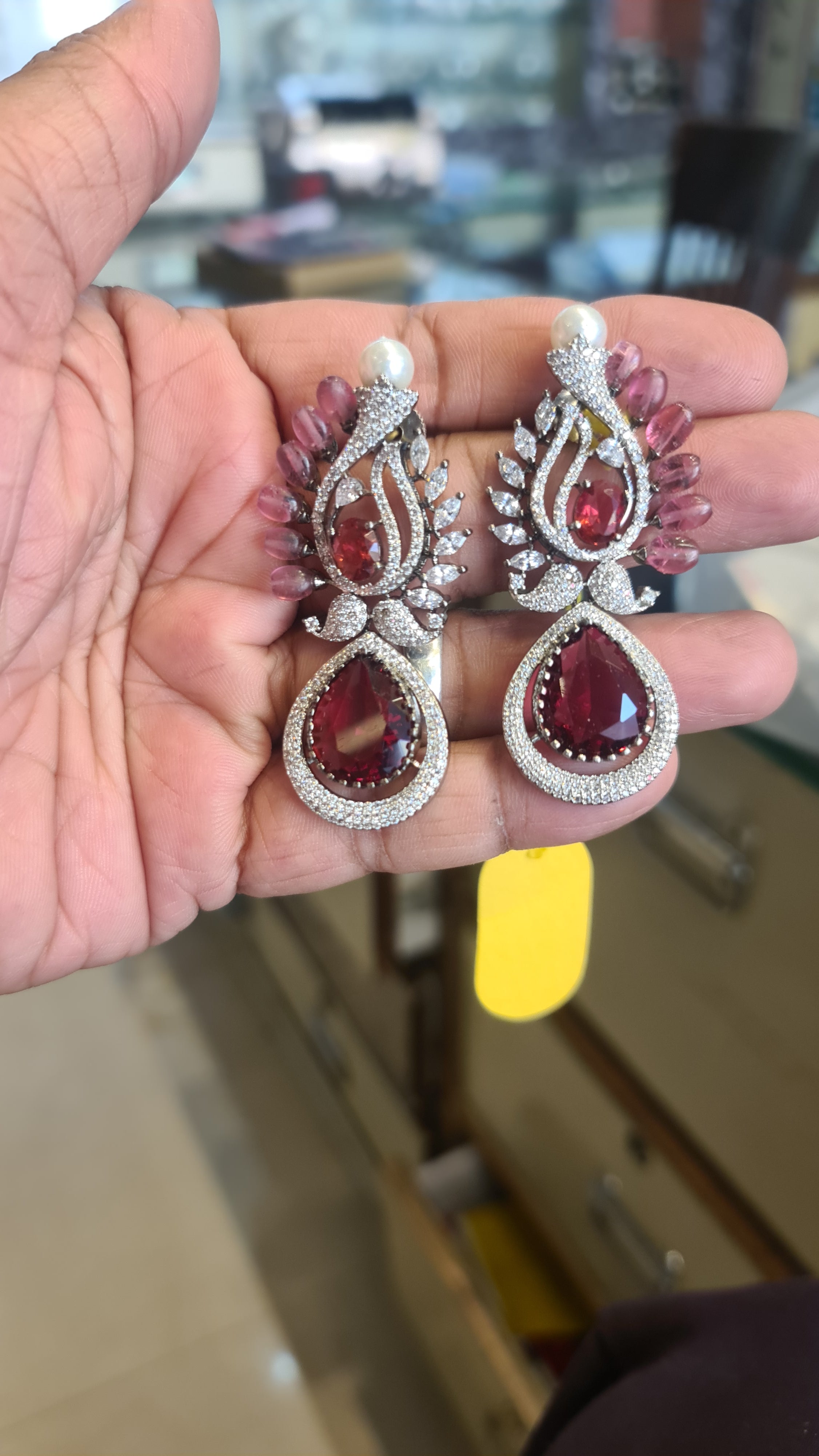 Victorian CZ Pearl Top Drop Earrings | Emerald Green & Ruby Pink | 7cm