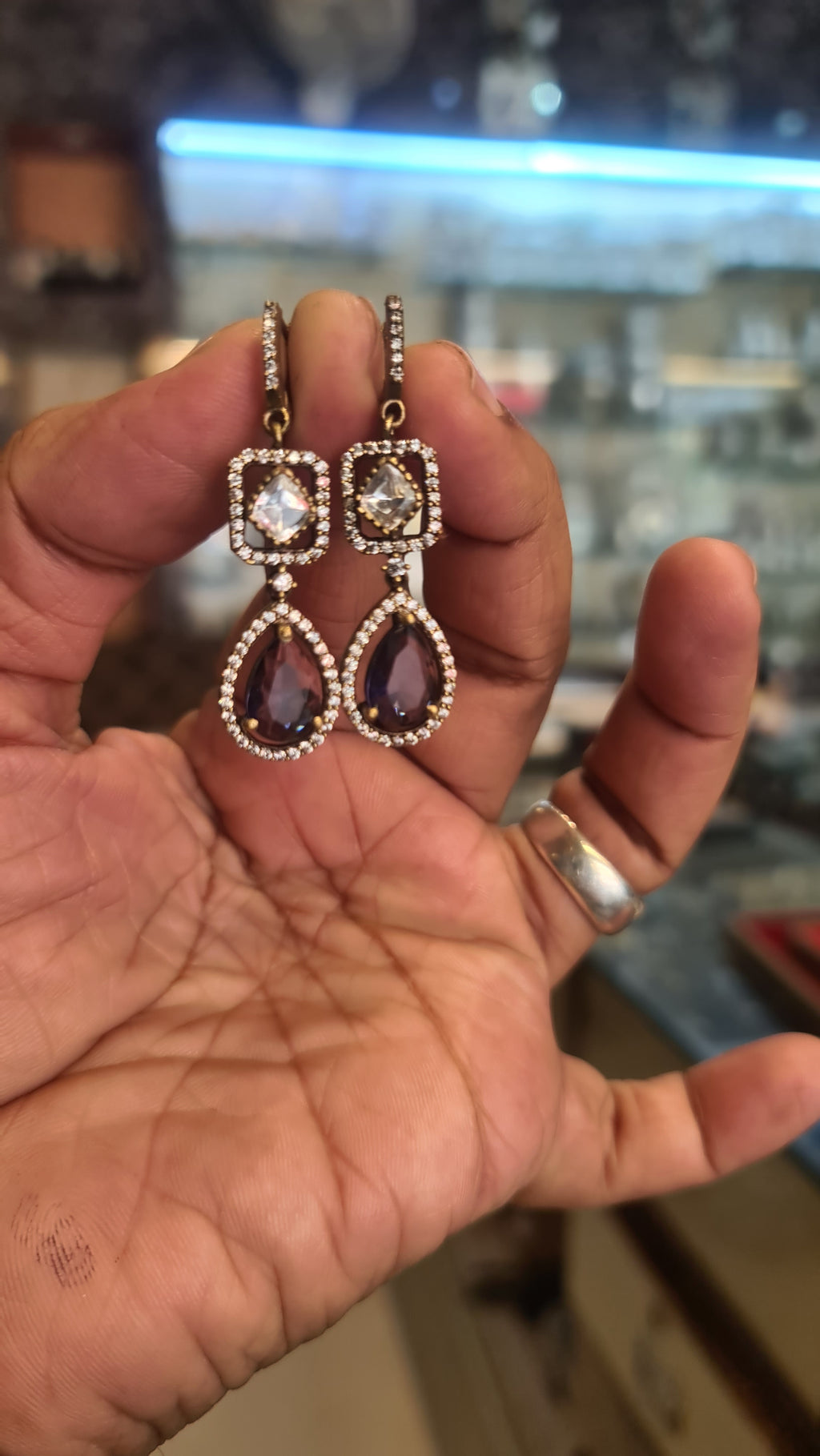 Antique Gold CZ Halo Drop Earrings – Pink & Purple Teardrop Danglers
