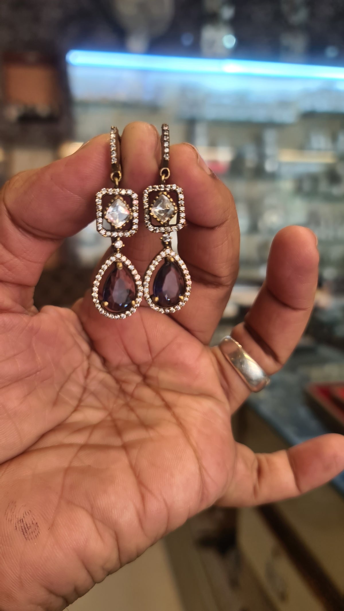 Antique Gold CZ Halo Drop Earrings – Pink & Purple Teardrop Danglers