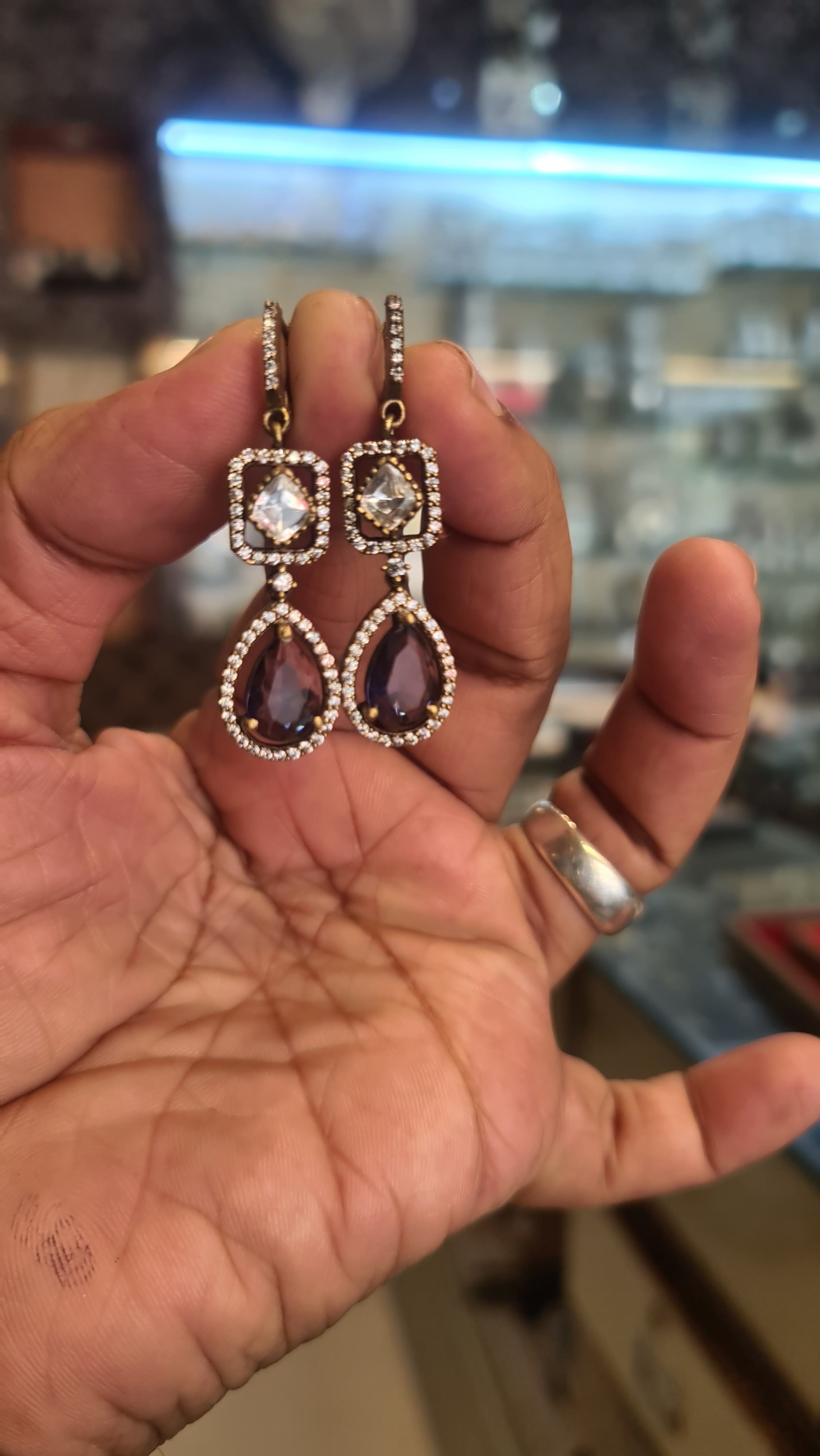 Antique Gold CZ Halo Drop Earrings – Pink & Purple Teardrop Danglers