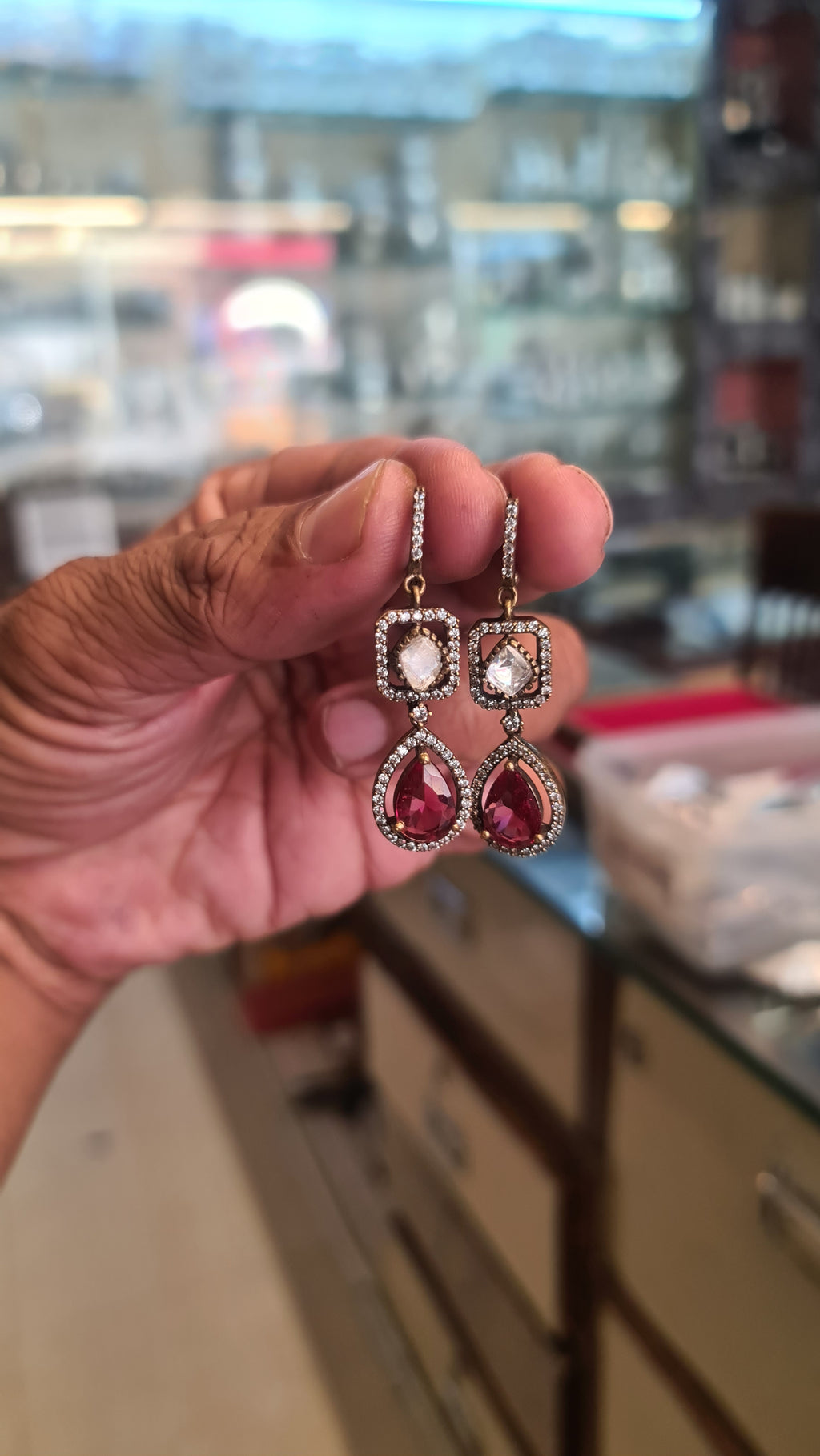 Antique Gold CZ Halo Drop Earrings – Pink & Purple Teardrop Danglers