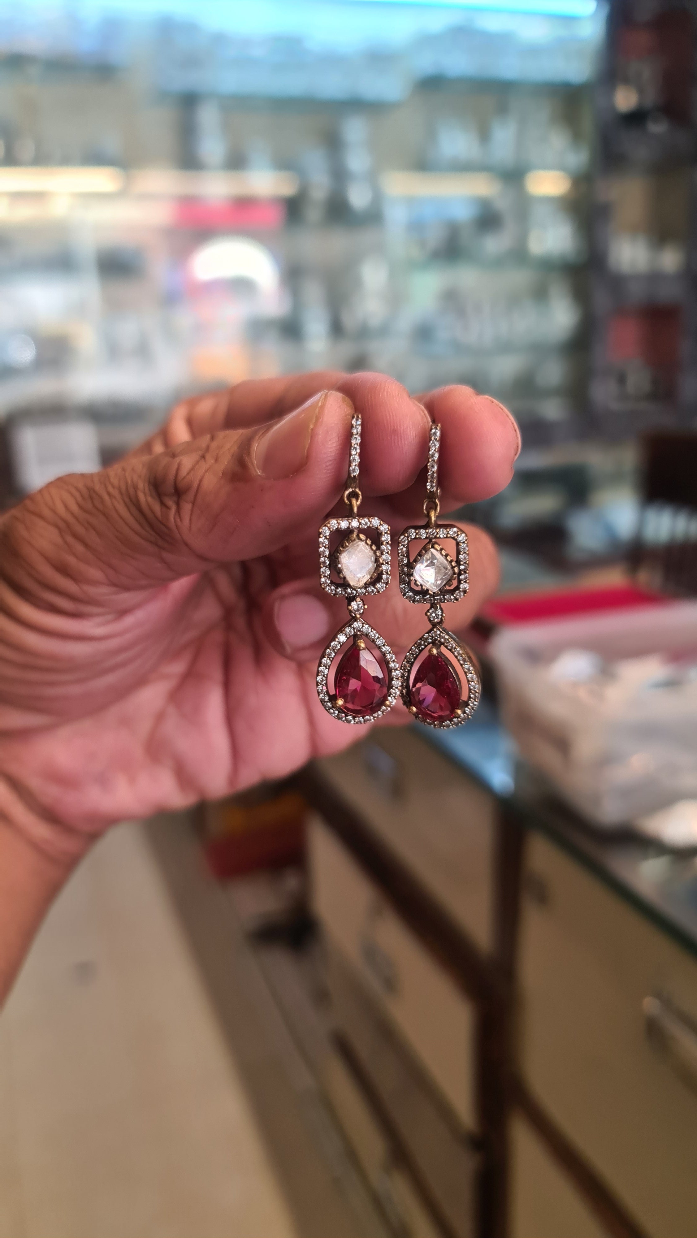 Antique Gold CZ Halo Drop Earrings – Pink & Purple Teardrop Danglers