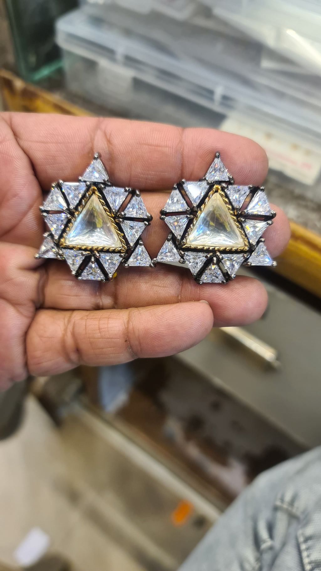 Black Rhodium Polki Star Geometric Stud Earrings