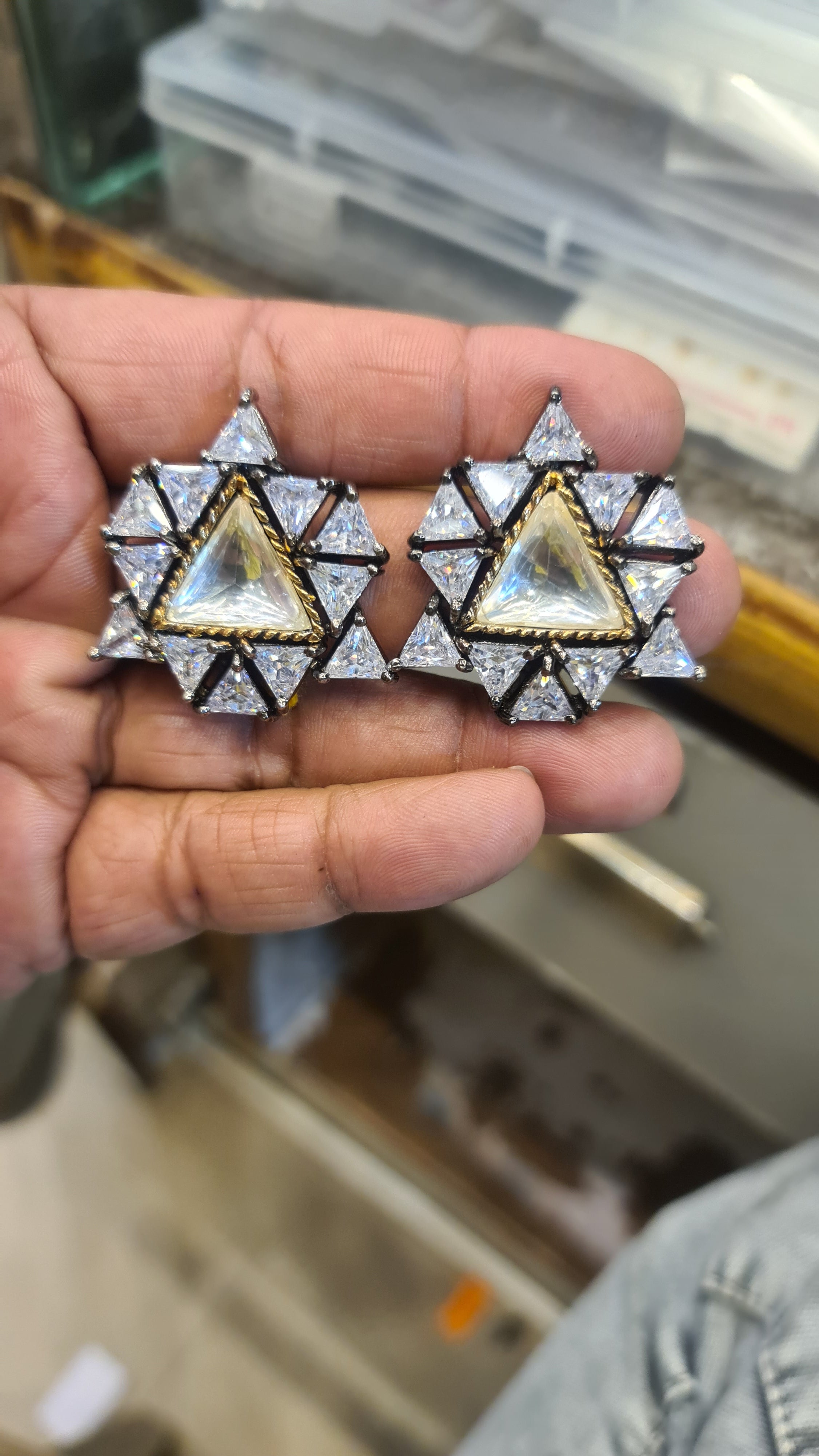 Black Rhodium Polki Star Geometric Stud Earrings