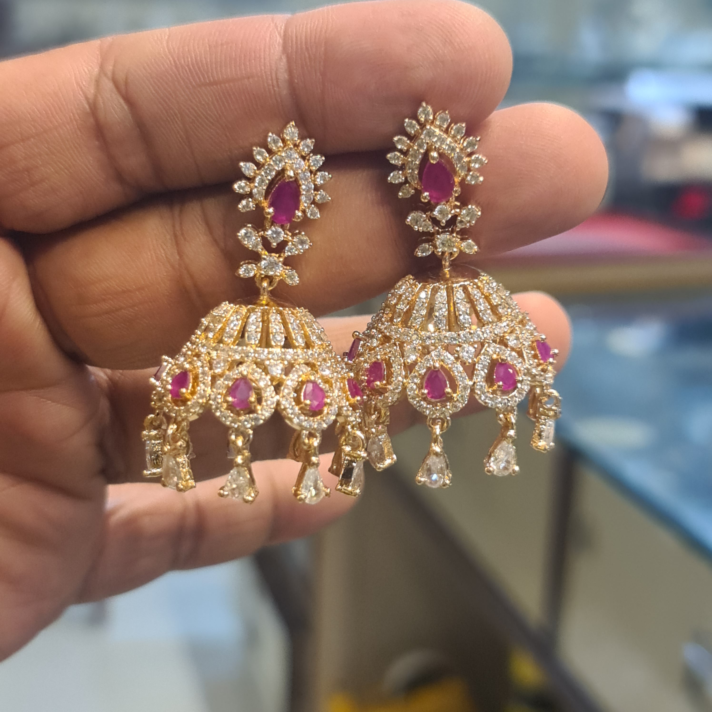 Rose Gold Plated CZ Jhumka Earrings | Screw Back | Green & Pink