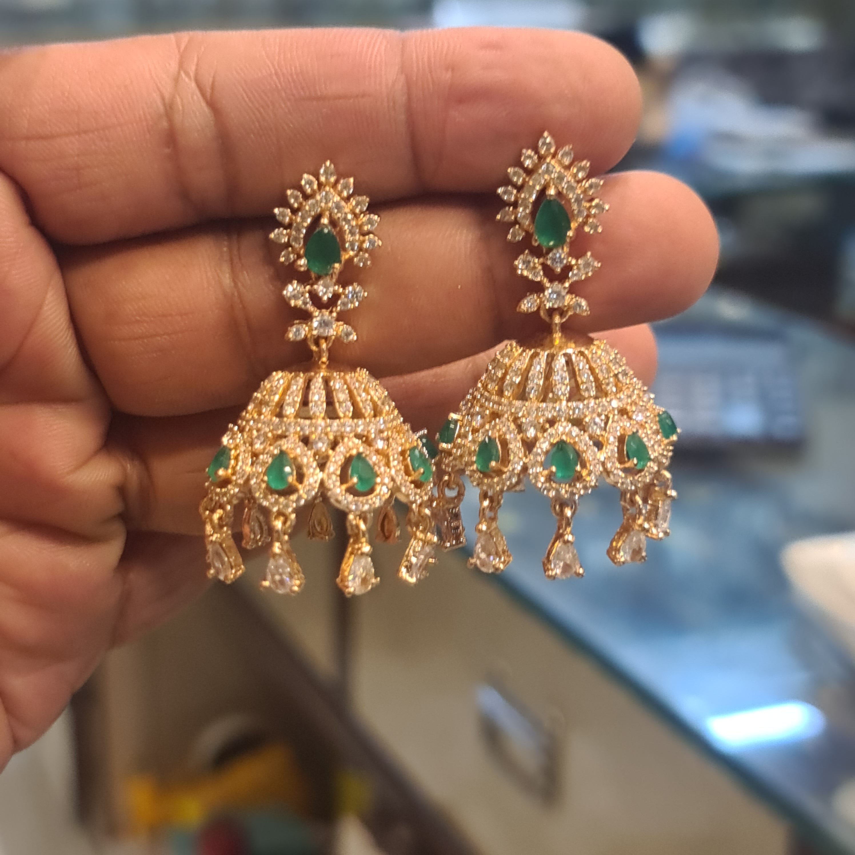 Rose Gold Plated CZ Jhumka Earrings | Screw Back | Green & Pink