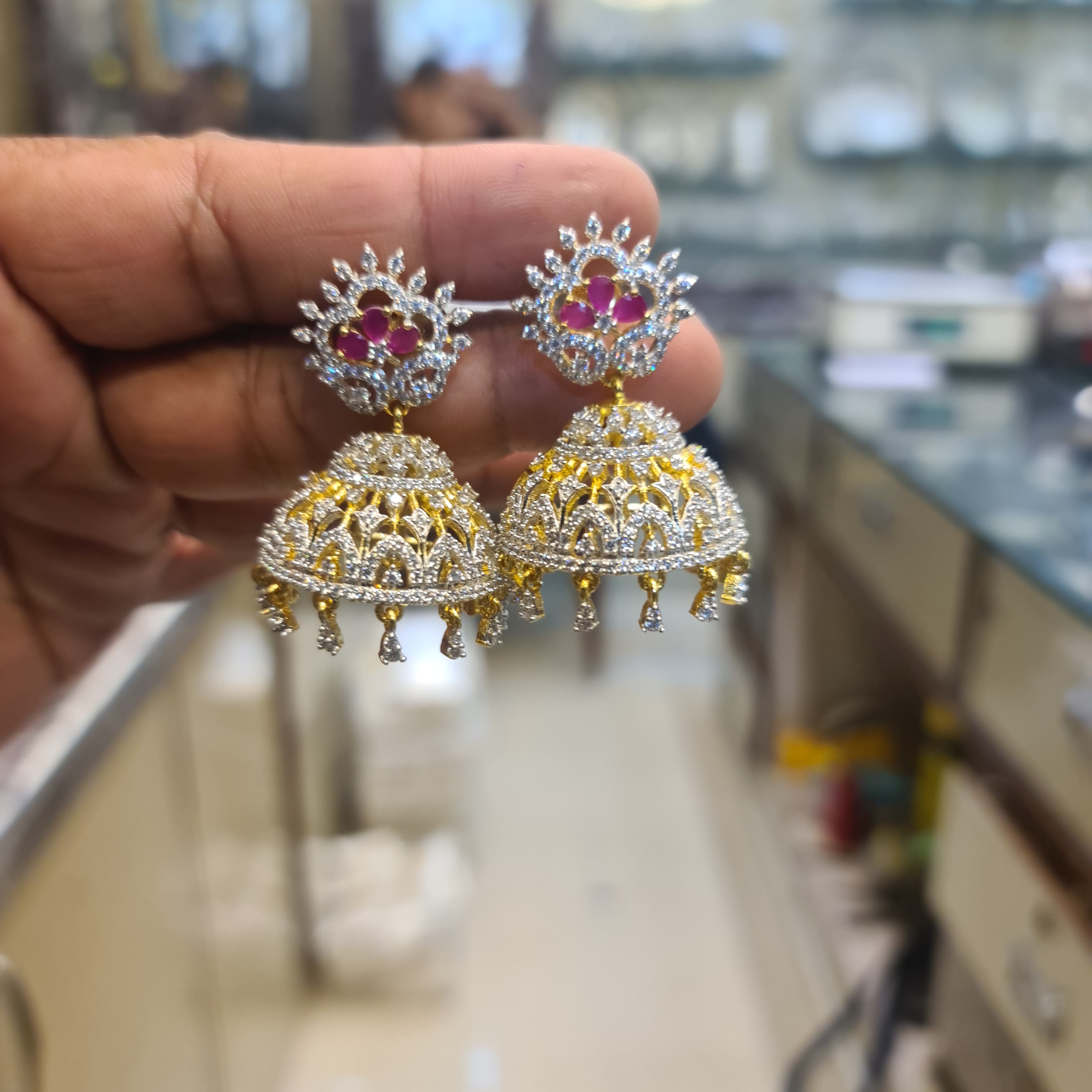CZ Ruby Jhumka Earrings | GJ Polish | Screw Back | 4 cm