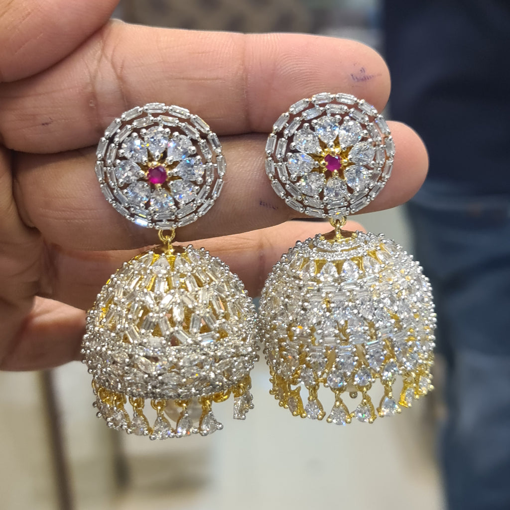 Diamond Finished Jhumka Earrings | CZ Baguette Ball Drop | Green & Pink