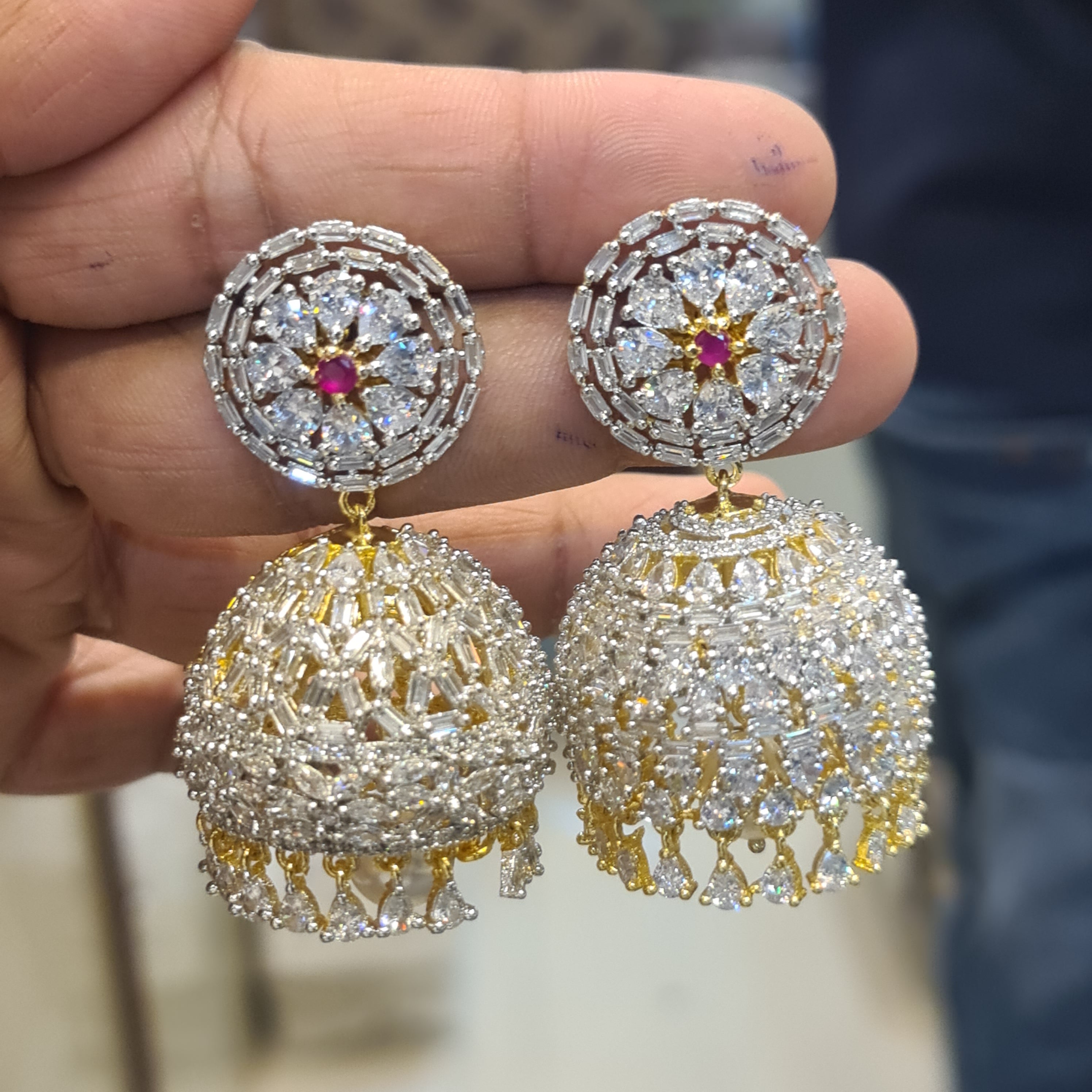 Diamond Finished Jhumka Earrings | CZ Baguette Ball Drop | Green & Pink