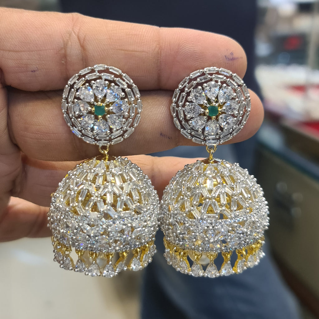 Diamond Finished Jhumka Earrings | CZ Baguette Ball Drop | Green & Pink