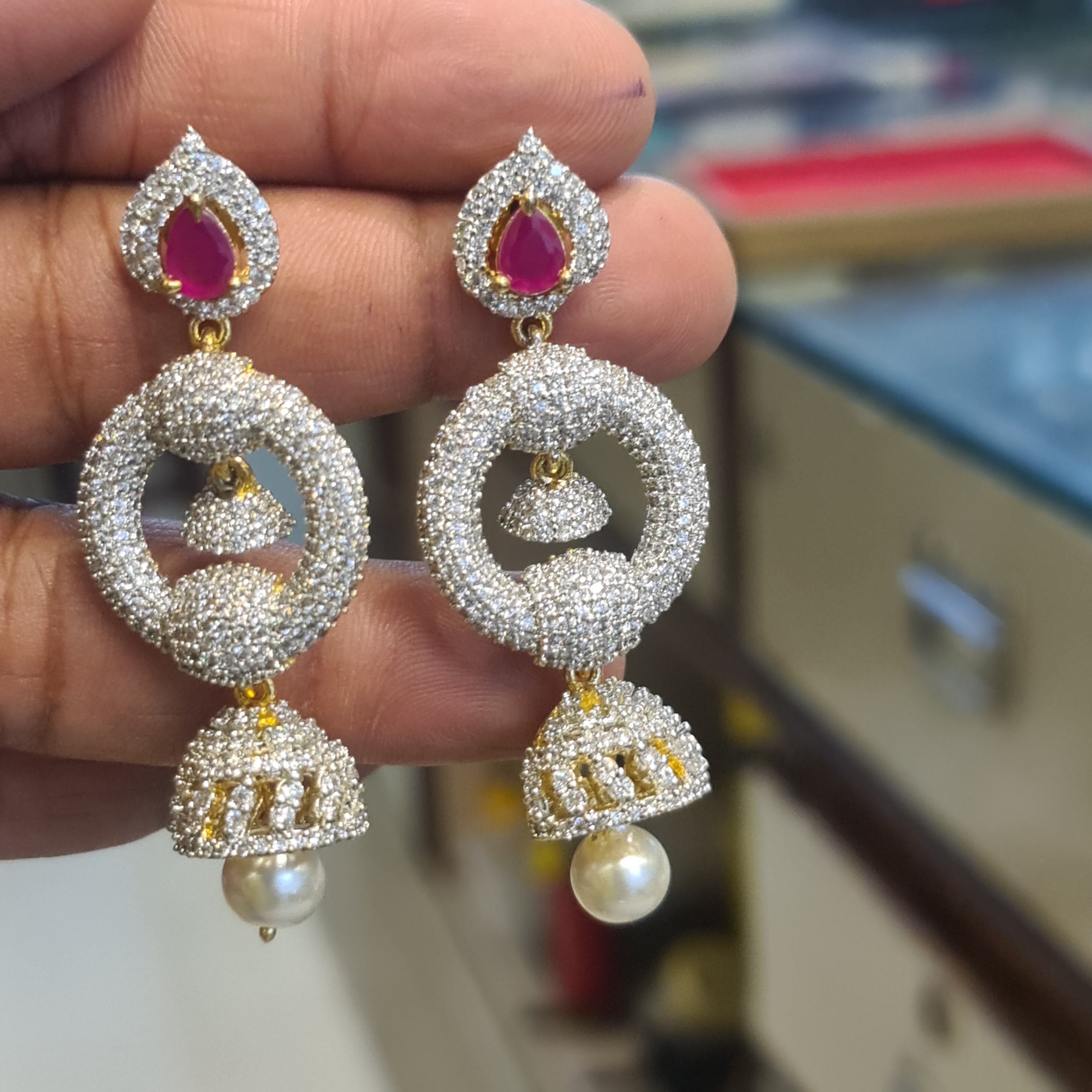 Diamond Finish CZ Jhumka Earrings with Pearl Drop