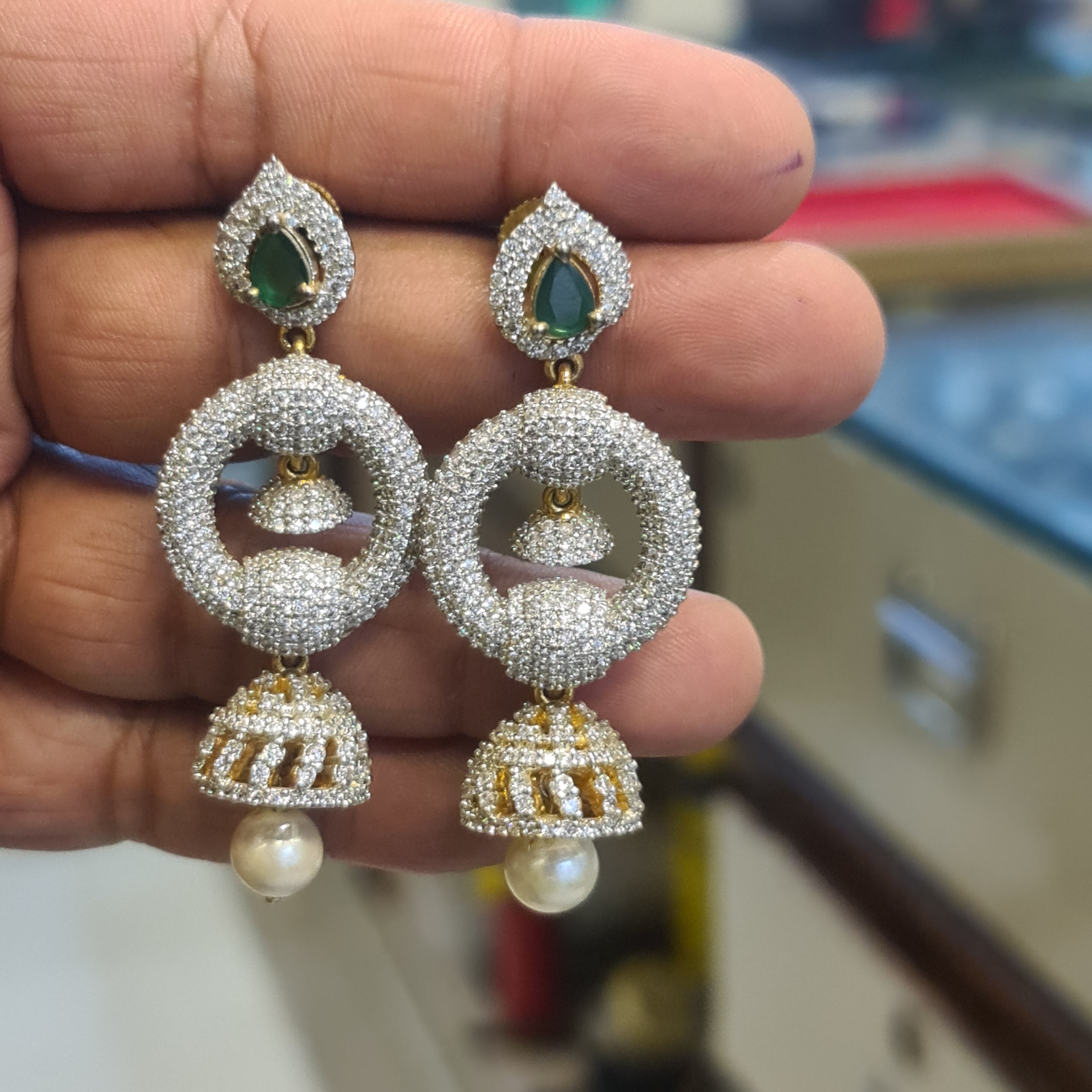 Diamond Finish CZ Jhumka Earrings with Pearl Drop