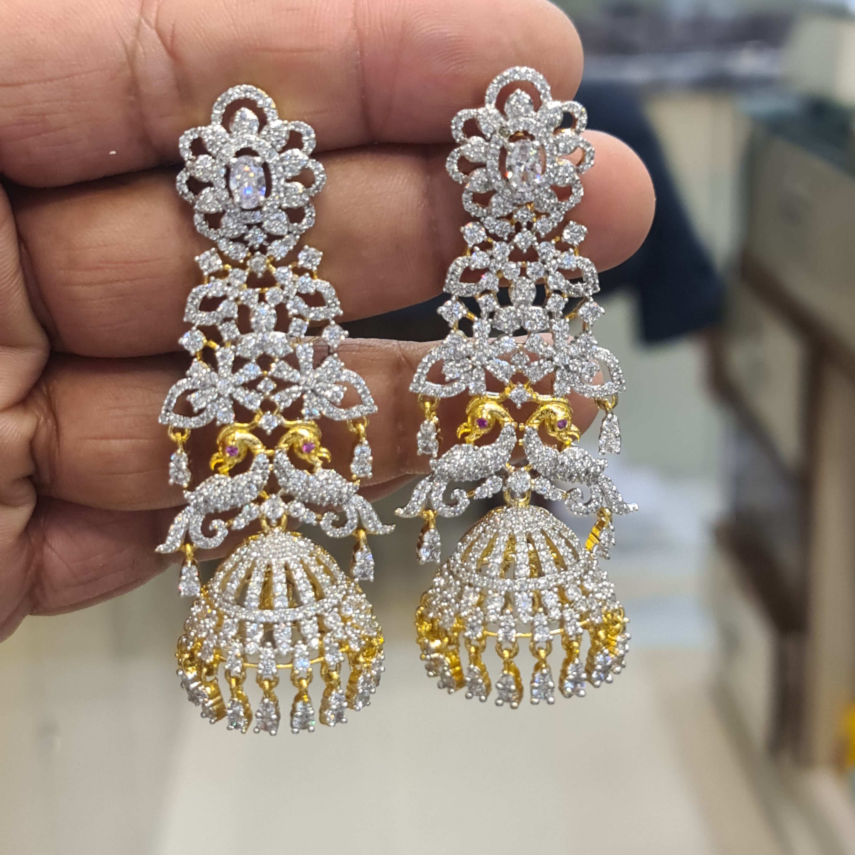 Diamond Replica CZ Peacock Jhumka Earrings | White & Green | Screw Back