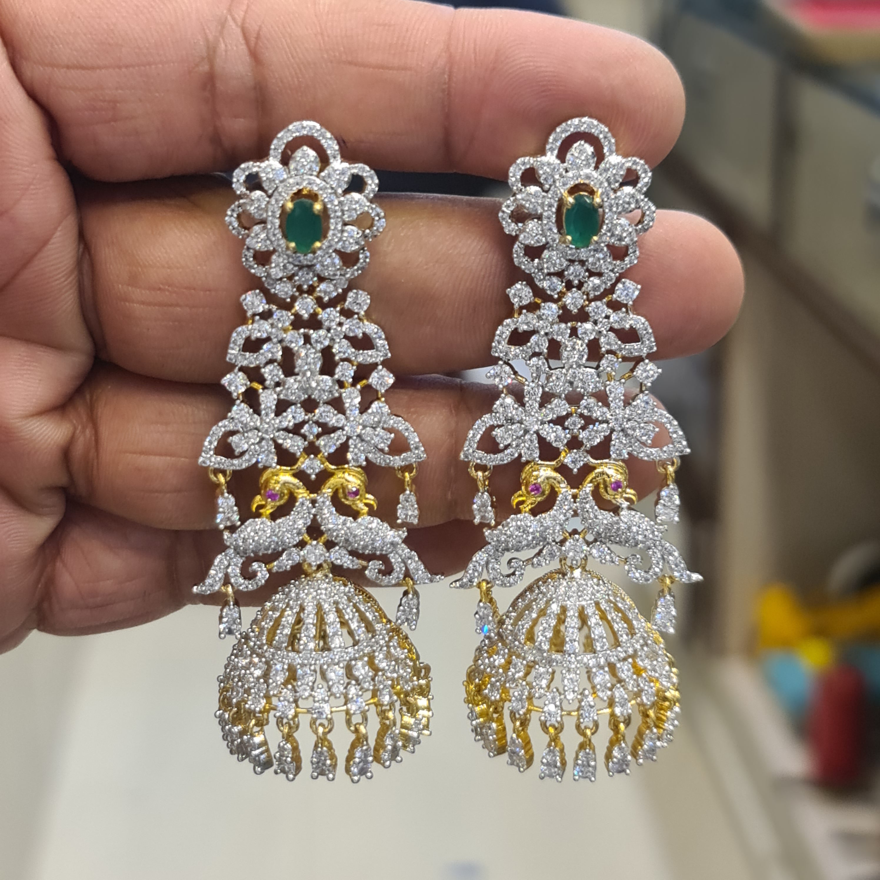 Diamond Replica CZ Peacock Jhumka Earrings | White & Green | Screw Back