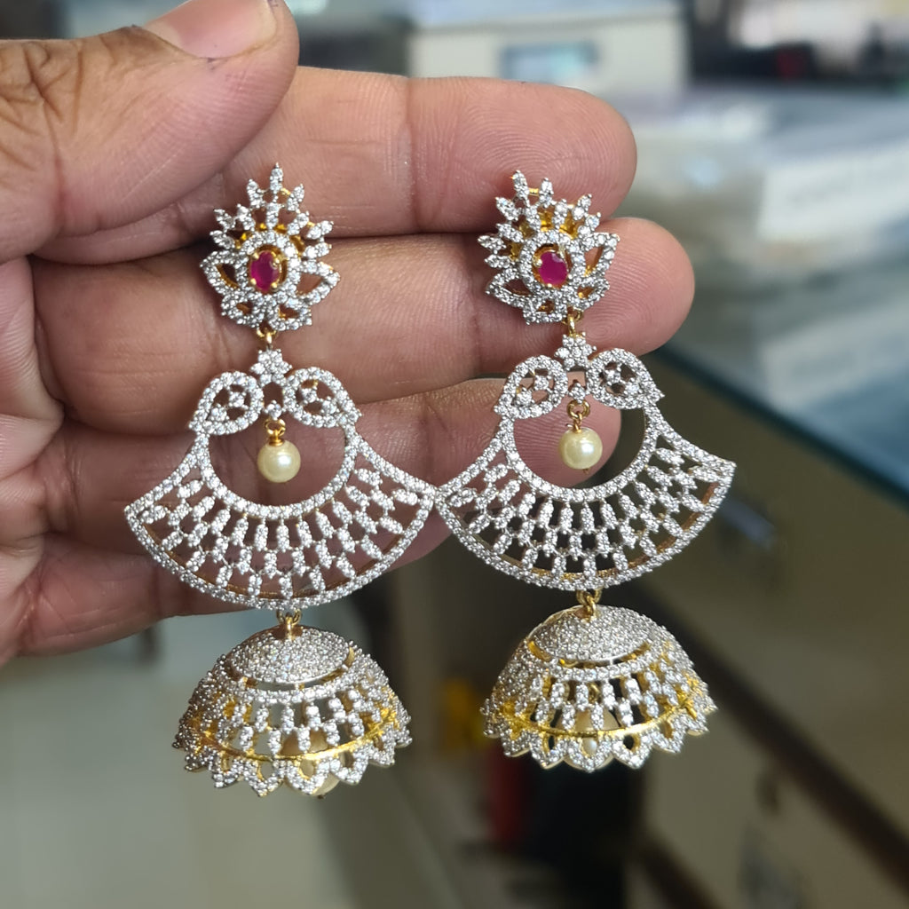 CZ Diamond Fan Chandbali Jhumka Earrings – Push Back | Ruby Stone & Pearl Drops