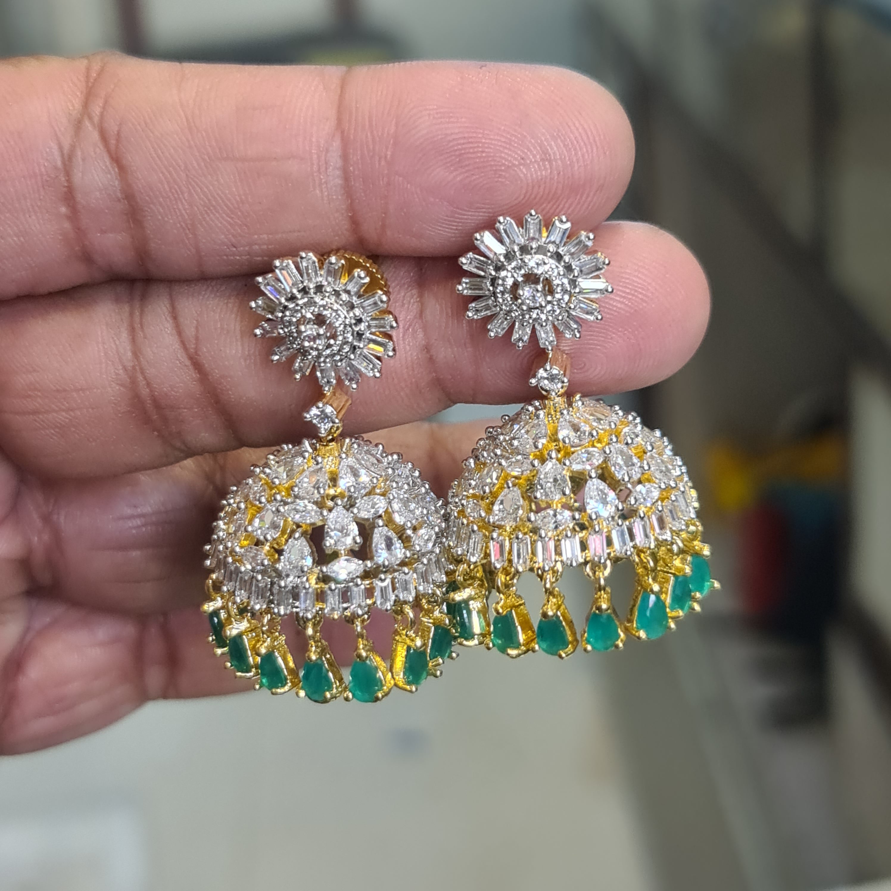 CZ Jhumki Earrings | Multi & Emerald | Sunflower Stud