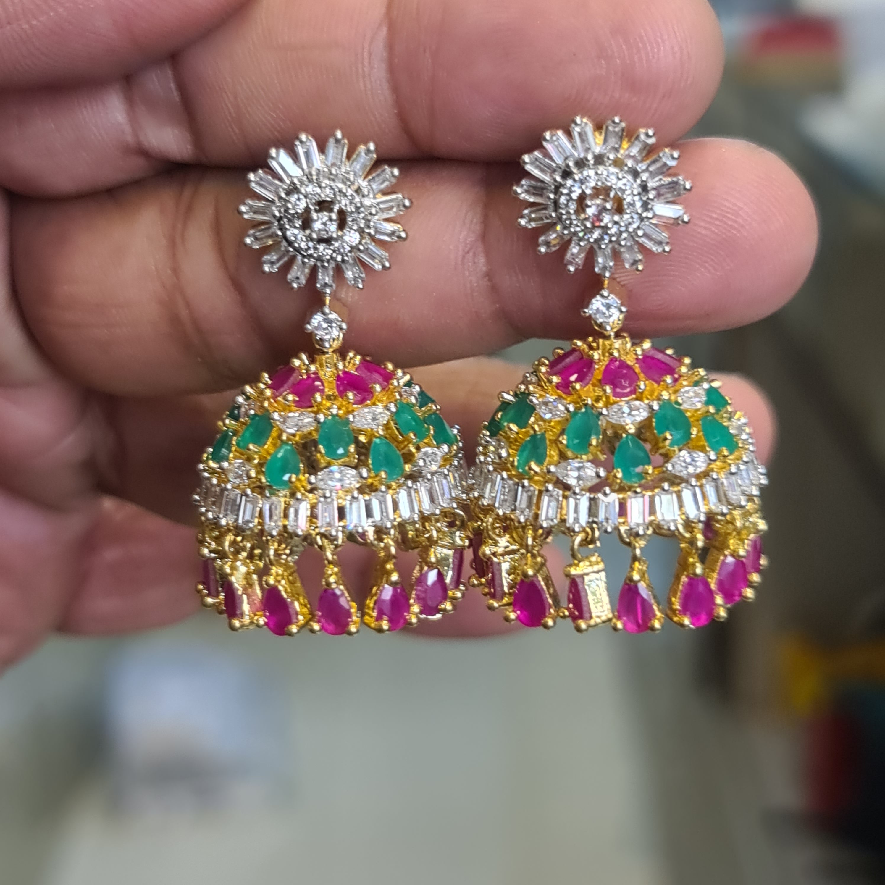 CZ Jhumki Earrings | Multi & Emerald | Sunflower Stud
