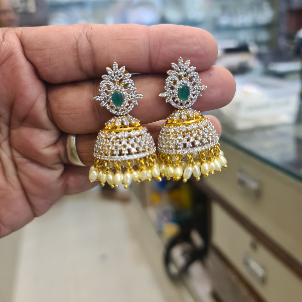 CZ Pearl Drop Jhumki Earrings | Push Back | Gold Tone
