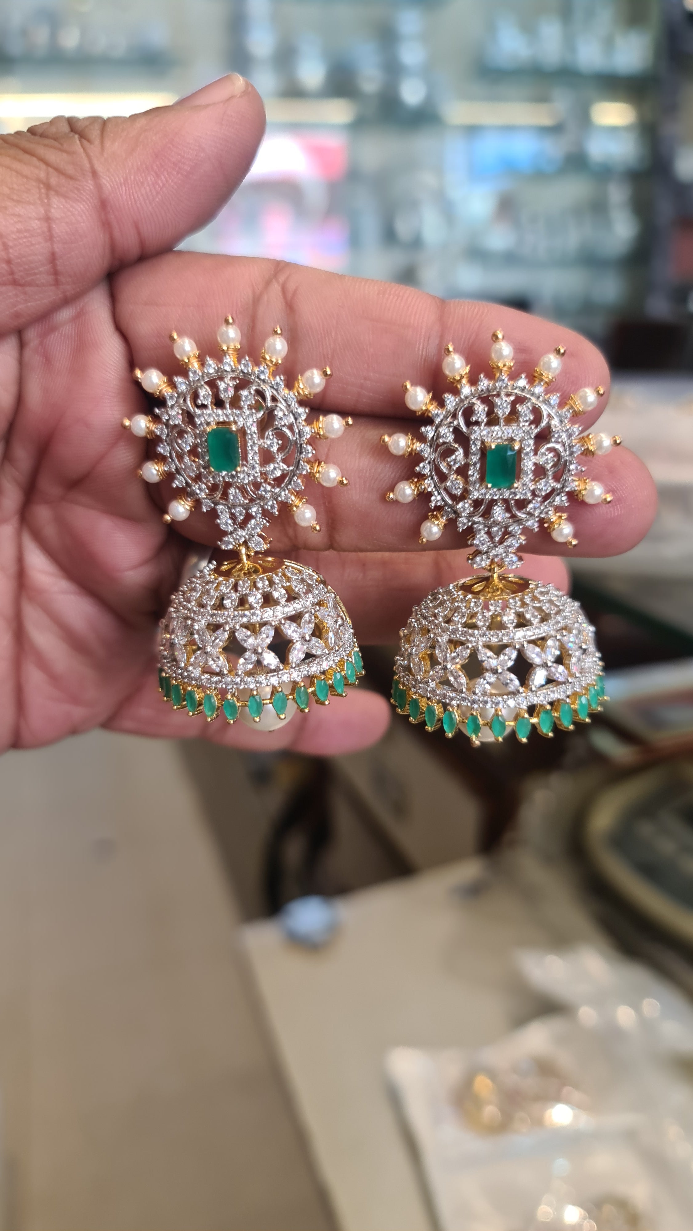 American Diamond Sunburst Jhumka Earrings | Pearl Halo | Screw Back