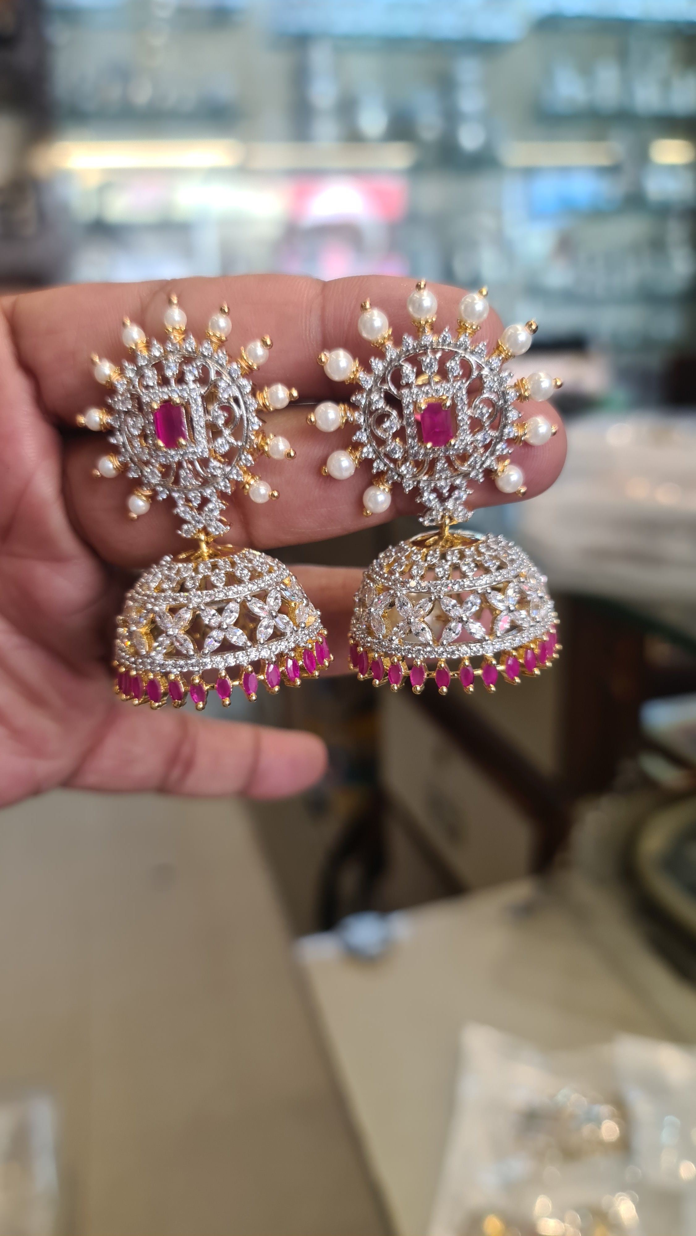 American Diamond Sunburst Jhumka Earrings | Pearl Halo | Screw Back