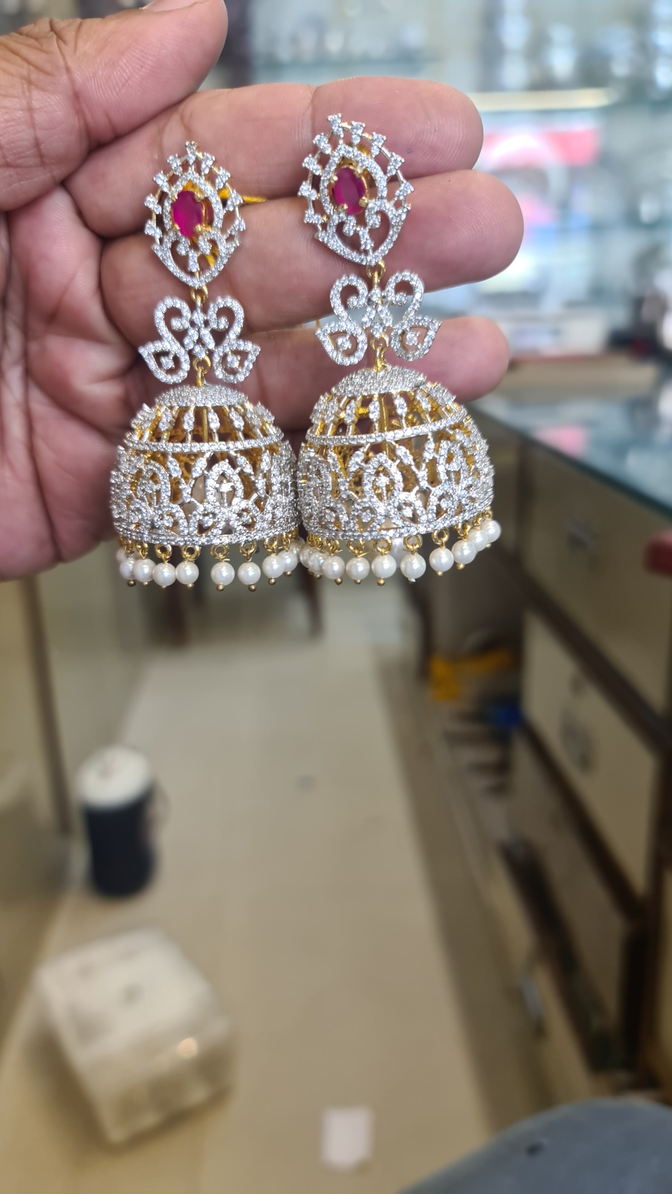CZ Diamond Jhumka Earrings with Ruby Stone & Pearl Drops