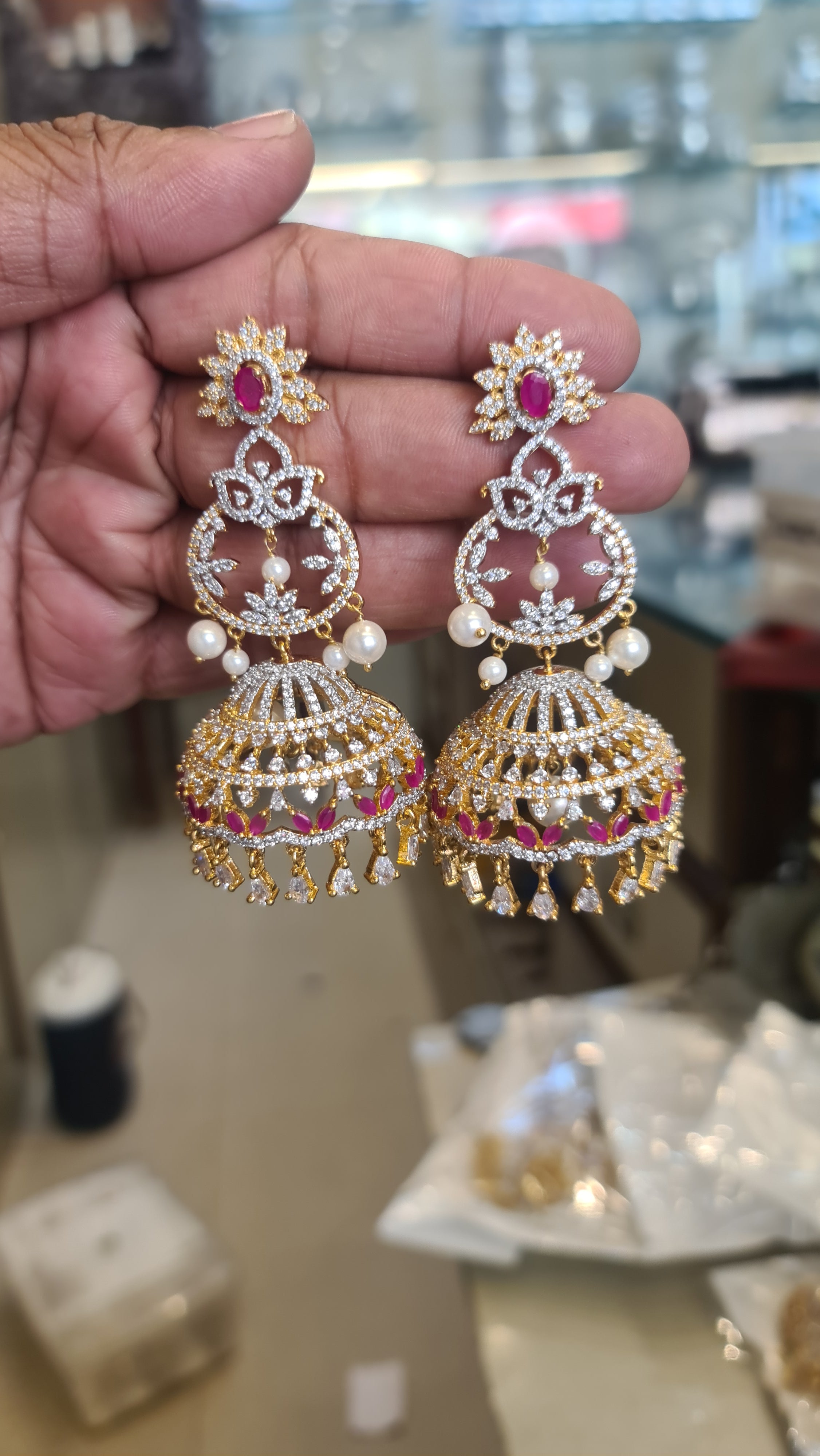 CZ Diamond Chandelier Jhumka Earrings – Ruby Red