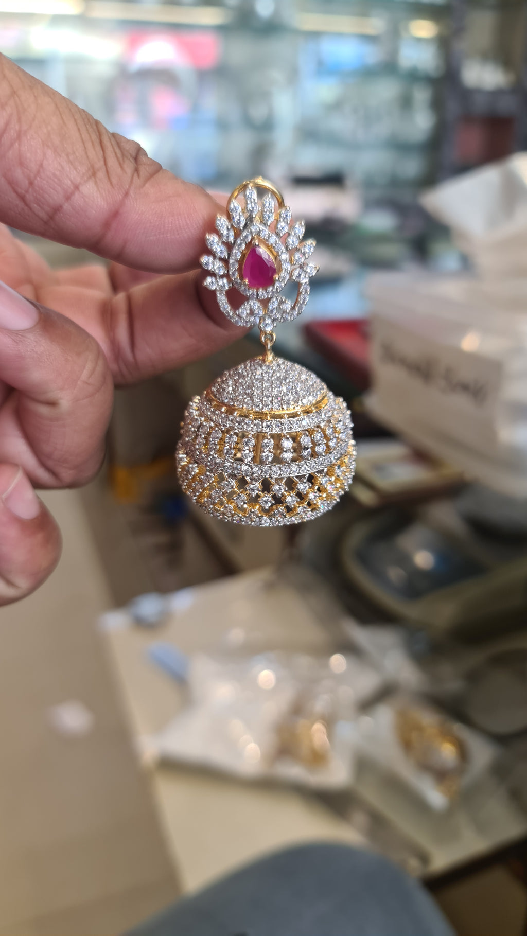 CZ Diamond Replica Jhumka Earrings with Ruby Stone – With/Without Pearl Drops