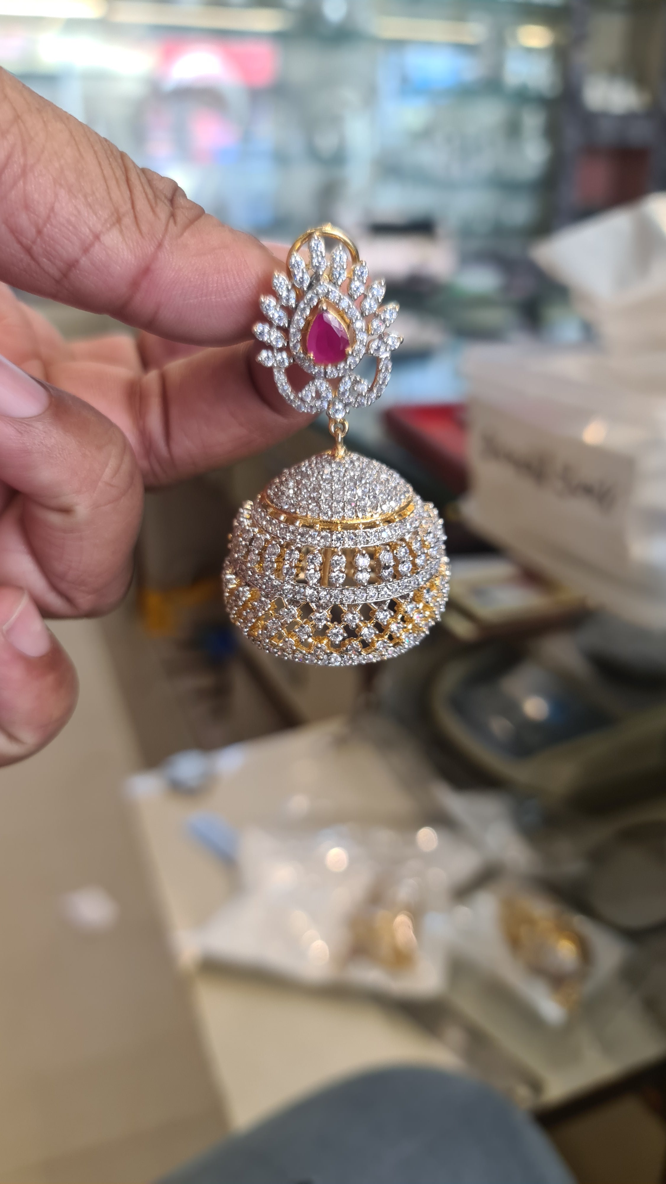 CZ Diamond Replica Jhumka Earrings with Ruby Stone – With/Without Pearl Drops